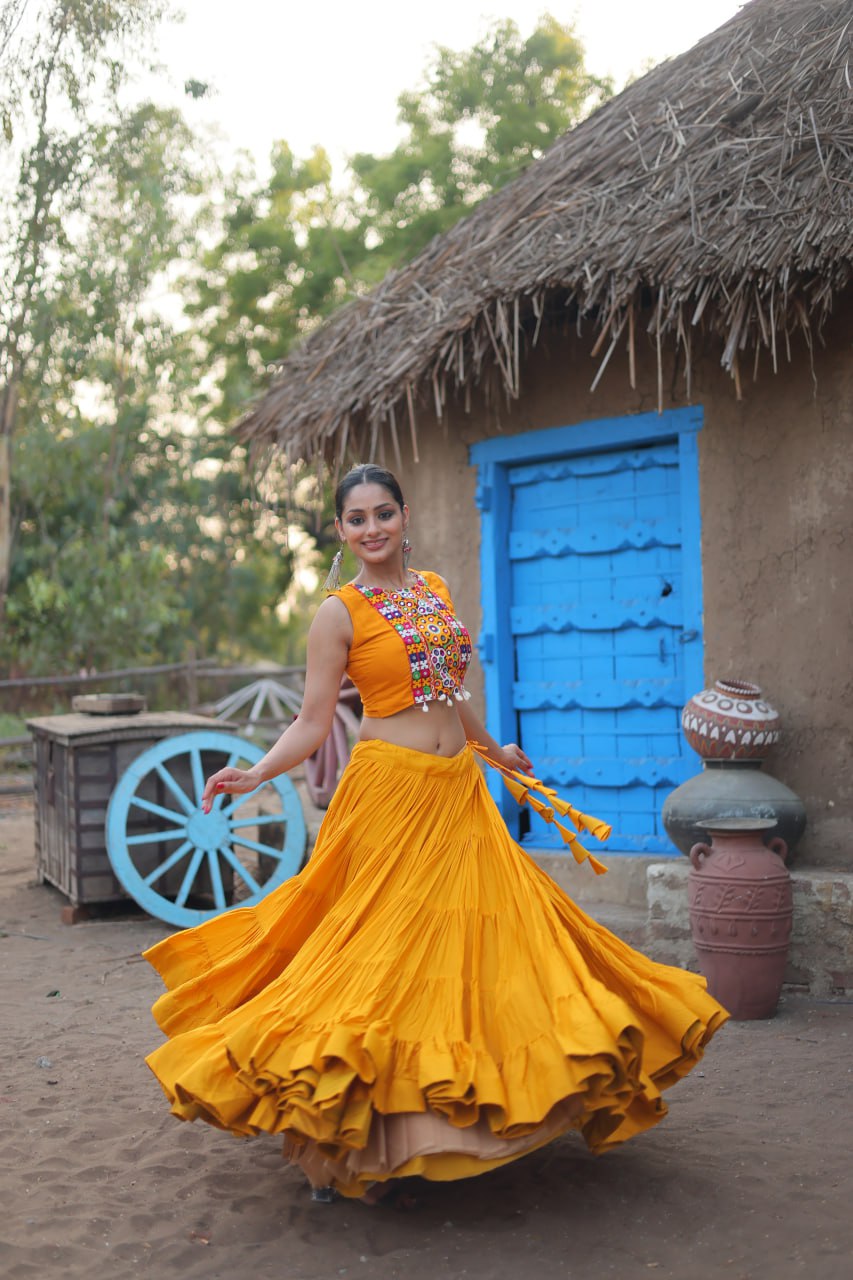 ClothsVilla Yellow Rayon Lehenga Set with Embroidered Gamthi Work
