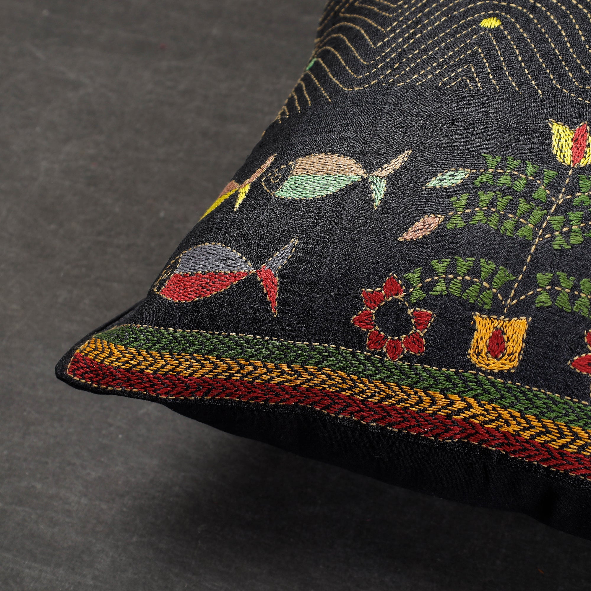SASHA Black - Bengal Kantha Embroidery Mulberry Tussar Silk Cushion Cover (16 x 16 in) - view 2