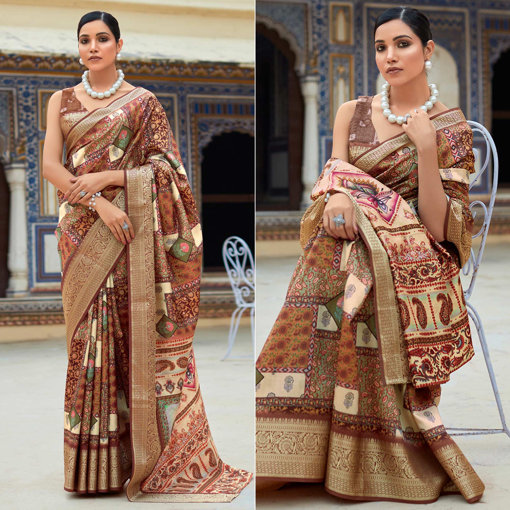 Peachmode Brown Printed Dola Silk Saree – Women's