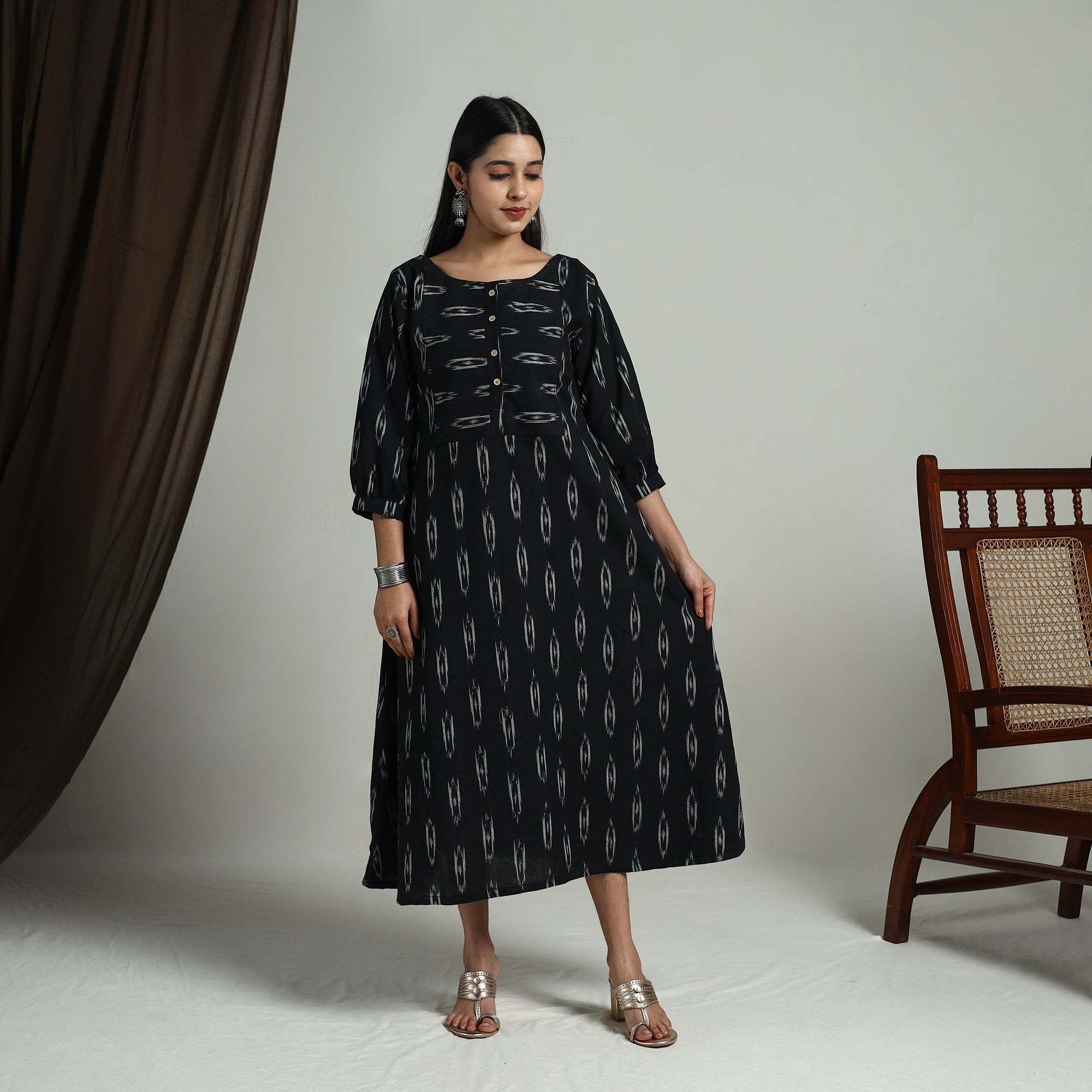 ITOKRI CASUALS Black - Flared Cotton Pochampally Ikat Dress 12 - view 2