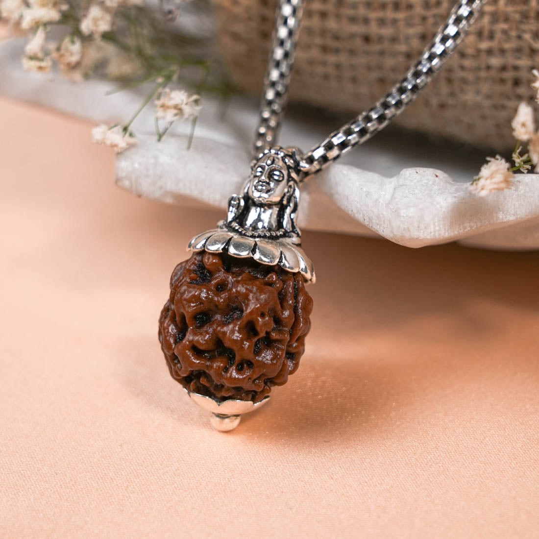 Prinjal Jewellers Adiyogi Pendant (3 Mukhi Nepali Rudraksha) With Chain