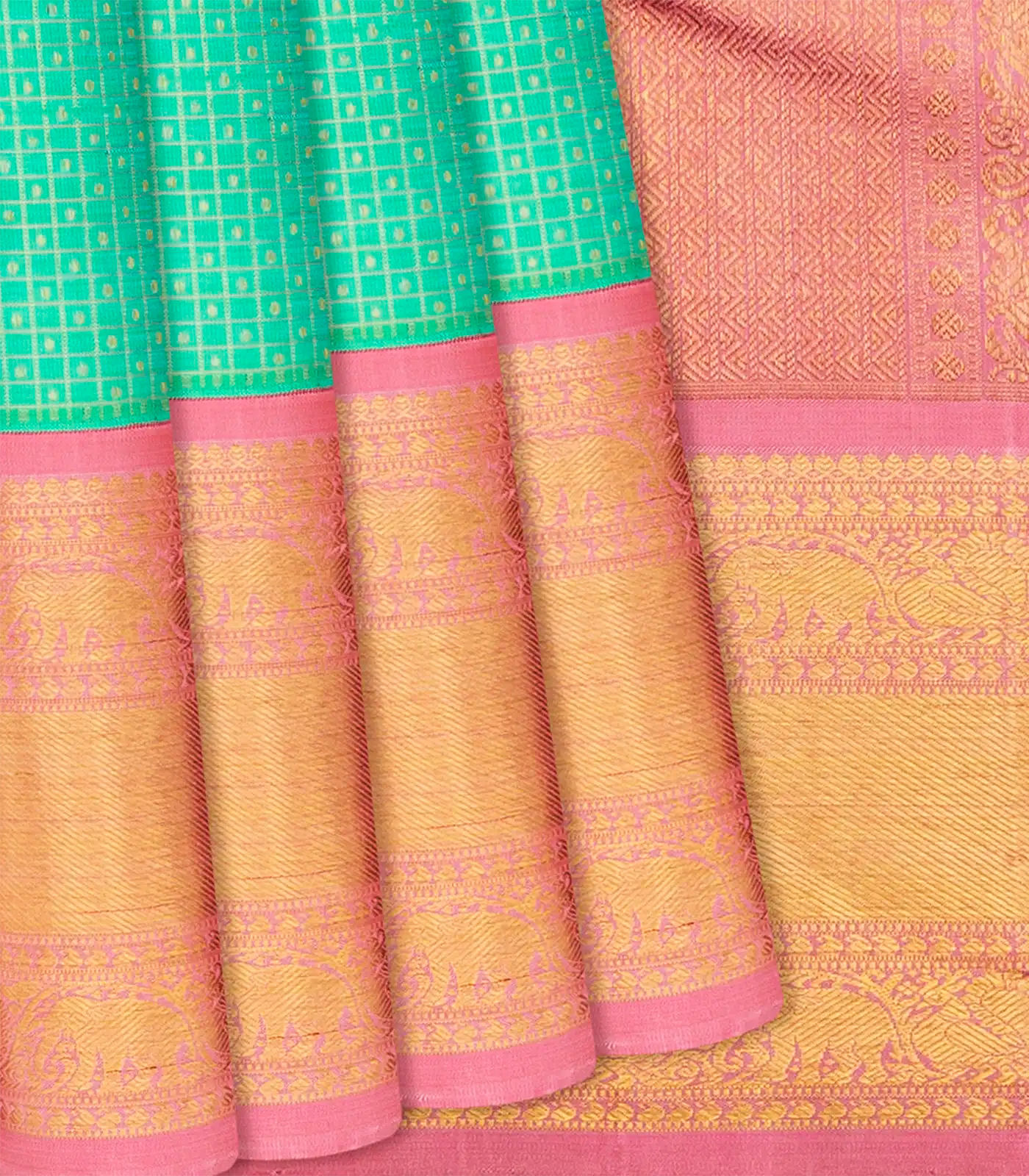 RmKV Aquamarine Handloom Kanchipuram Korvai Silk Saree With Checks-Aquamarine
