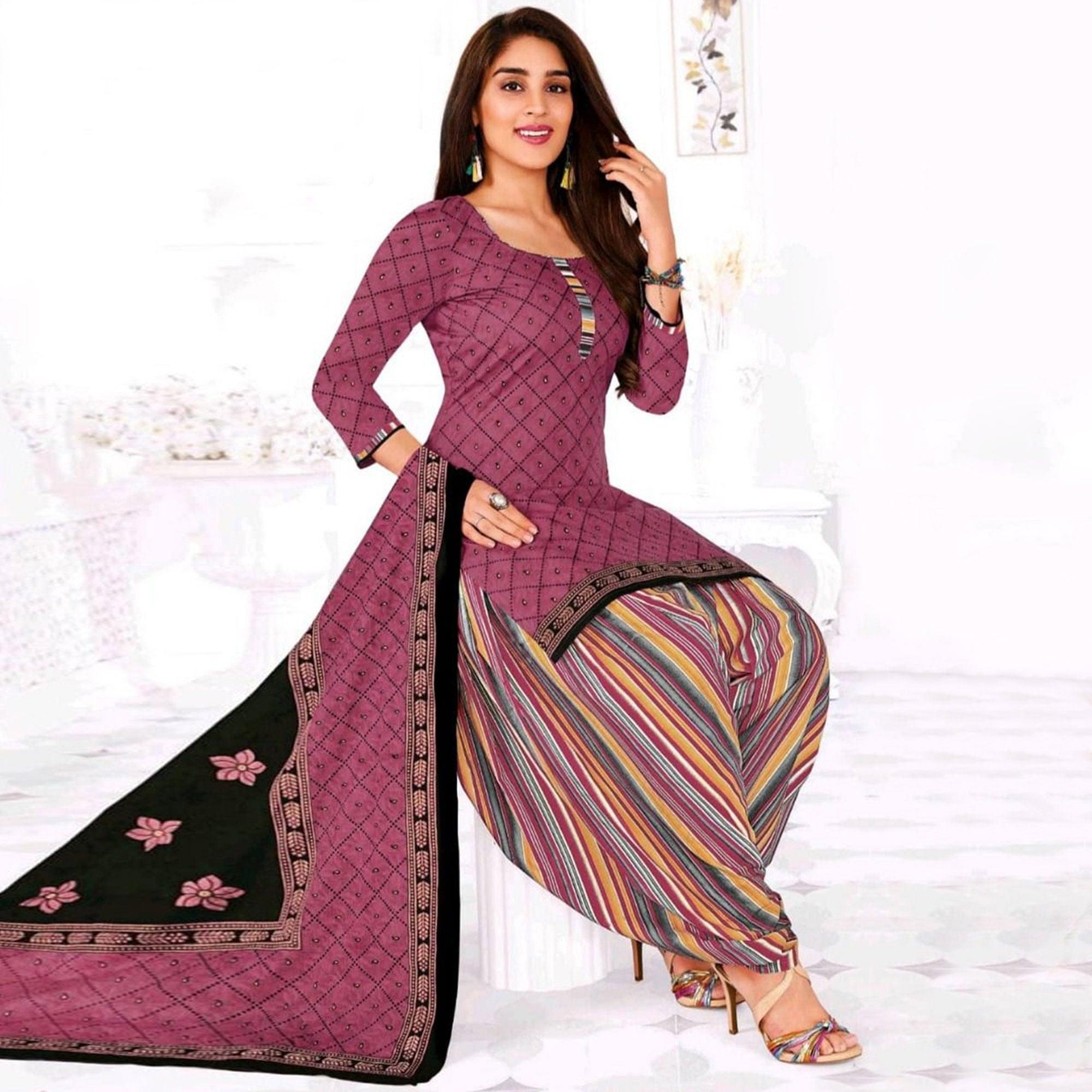 Peachmode Mauve Casual Wear Printed Leon Patiala Dress Material