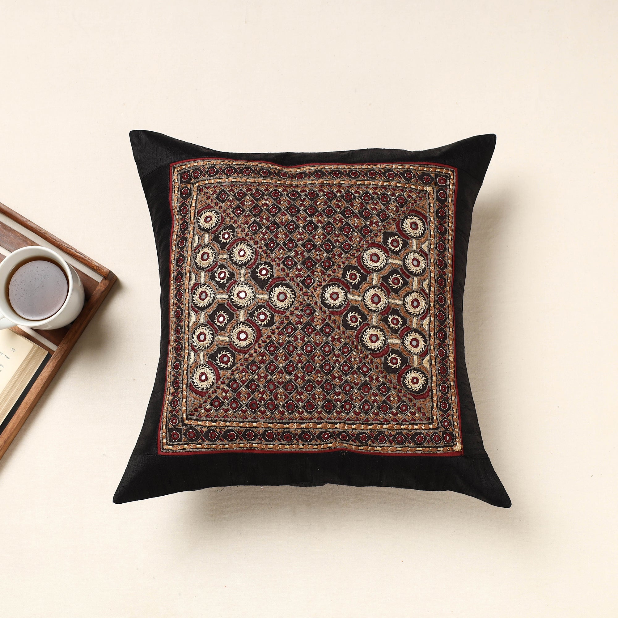 QASAB Black - Kutch Pakko Hand Embroidery Silk Cushion Cover (16 x 16 in)