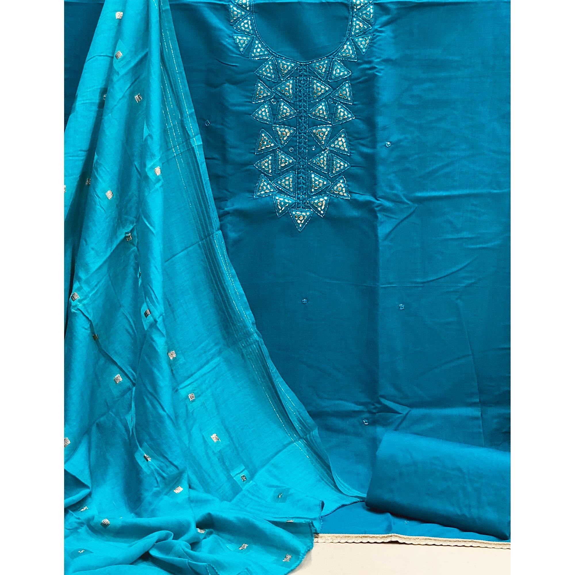 Peachmode Blue Zardosi Embroidered Cotton Dress Material - view 3