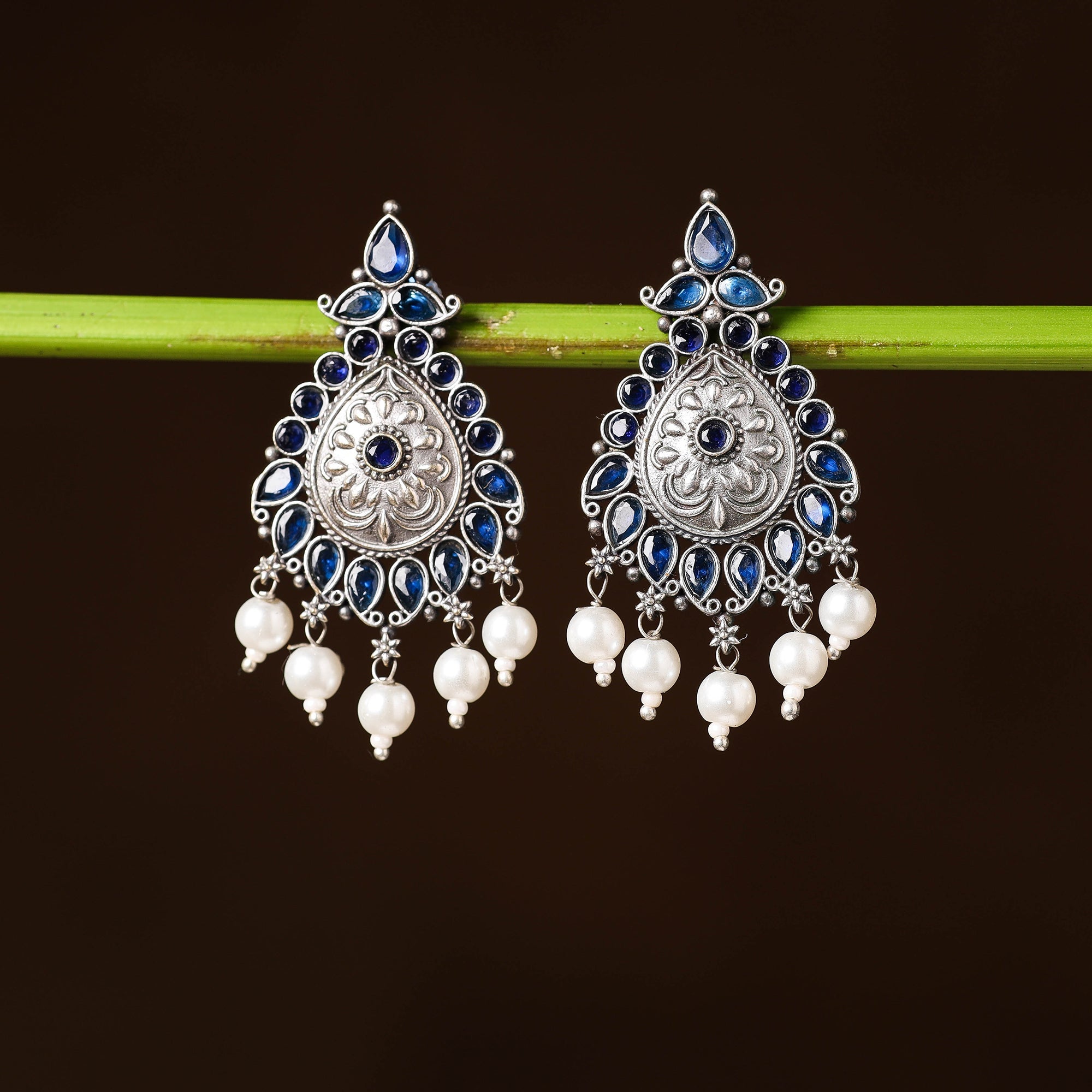 WHITE RIVER STORIES Antique Silver Finish Oxidised Brass Base Stone & Bead Work Earrings