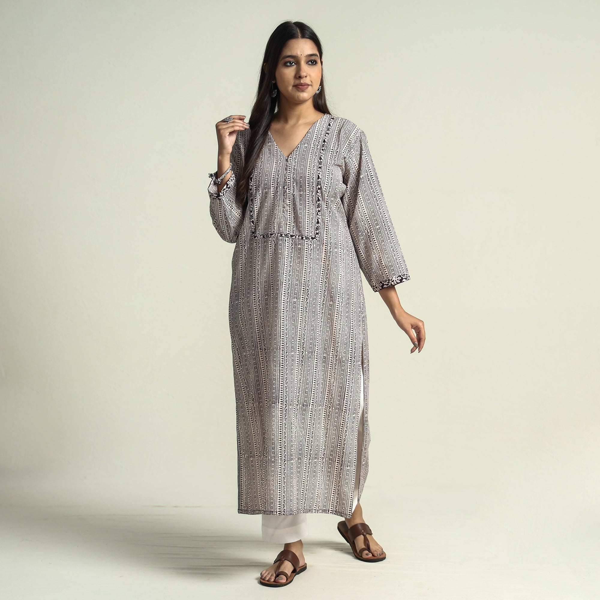 ITOKRI CASUALS Beige - Block Print Cotton Straight Bagh Kurta - view 3