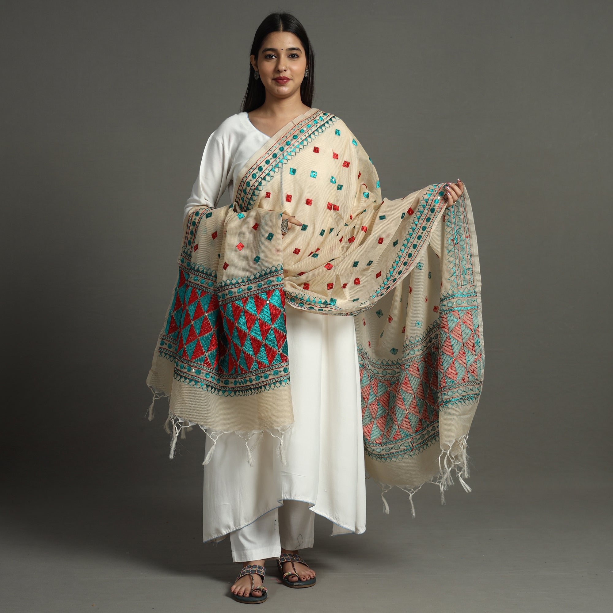 ITOKRI CRAFTS INITIATIVE Beige - Phulkari Hand Embroidery Chanderi Silk Cotton Dupatta 25 - view 2