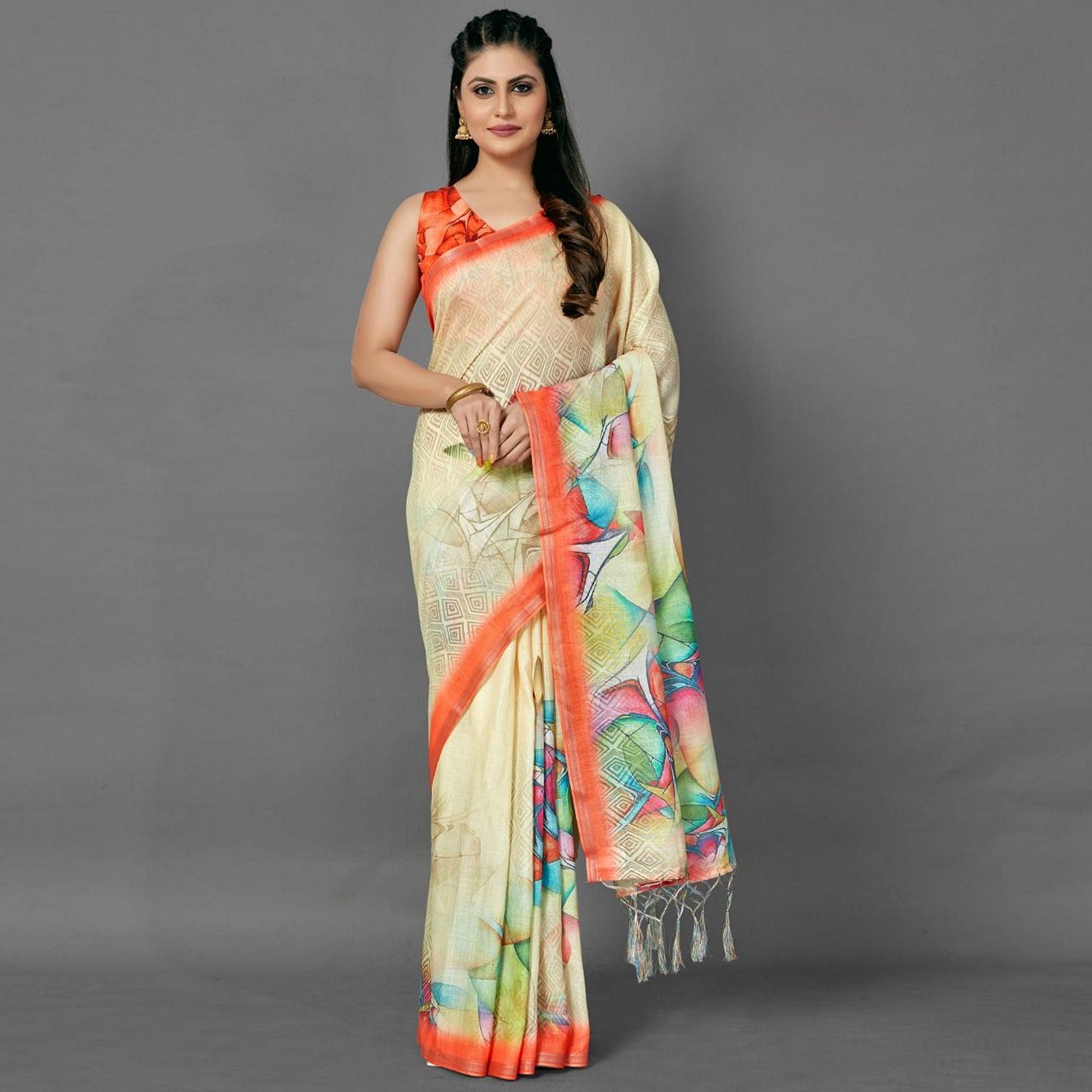 Peachmode Cream Casual Pure Linen Digital Print Saree With Unstitched Blouse
