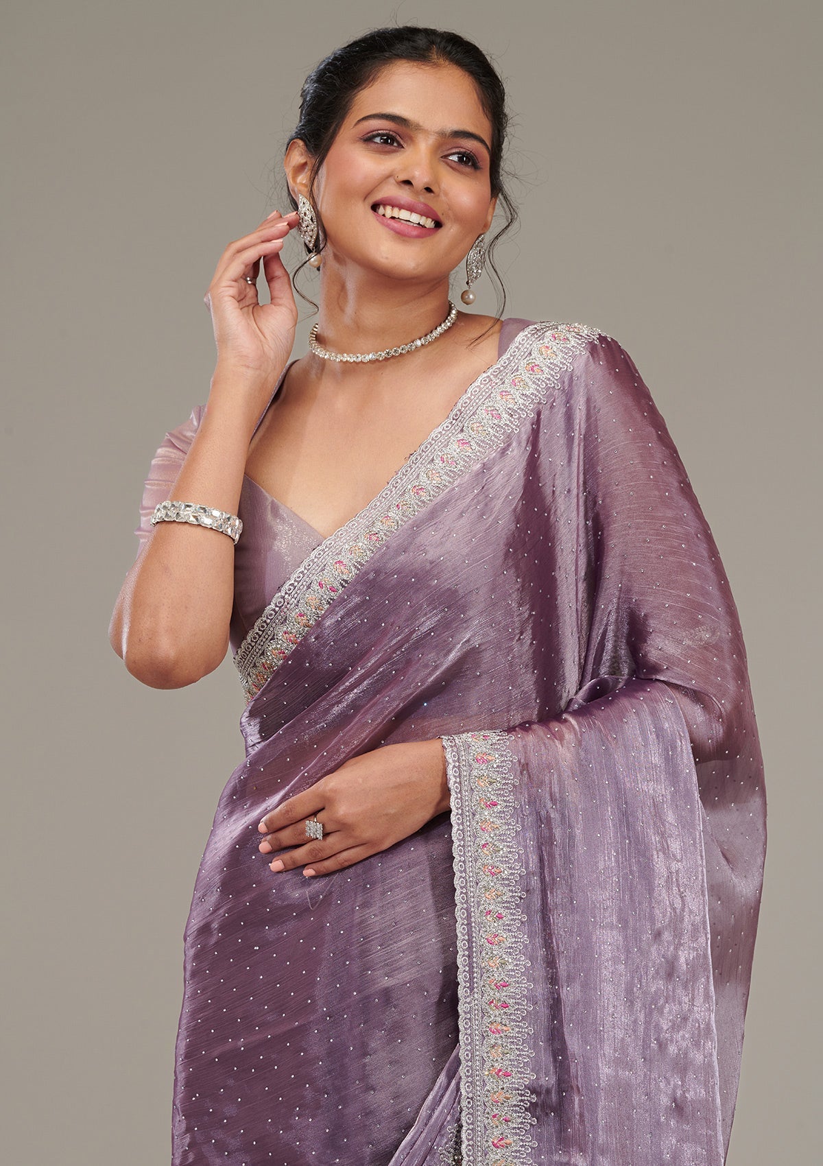 Koskii Purple Stonework Chiffon Saree – Women's - view 7