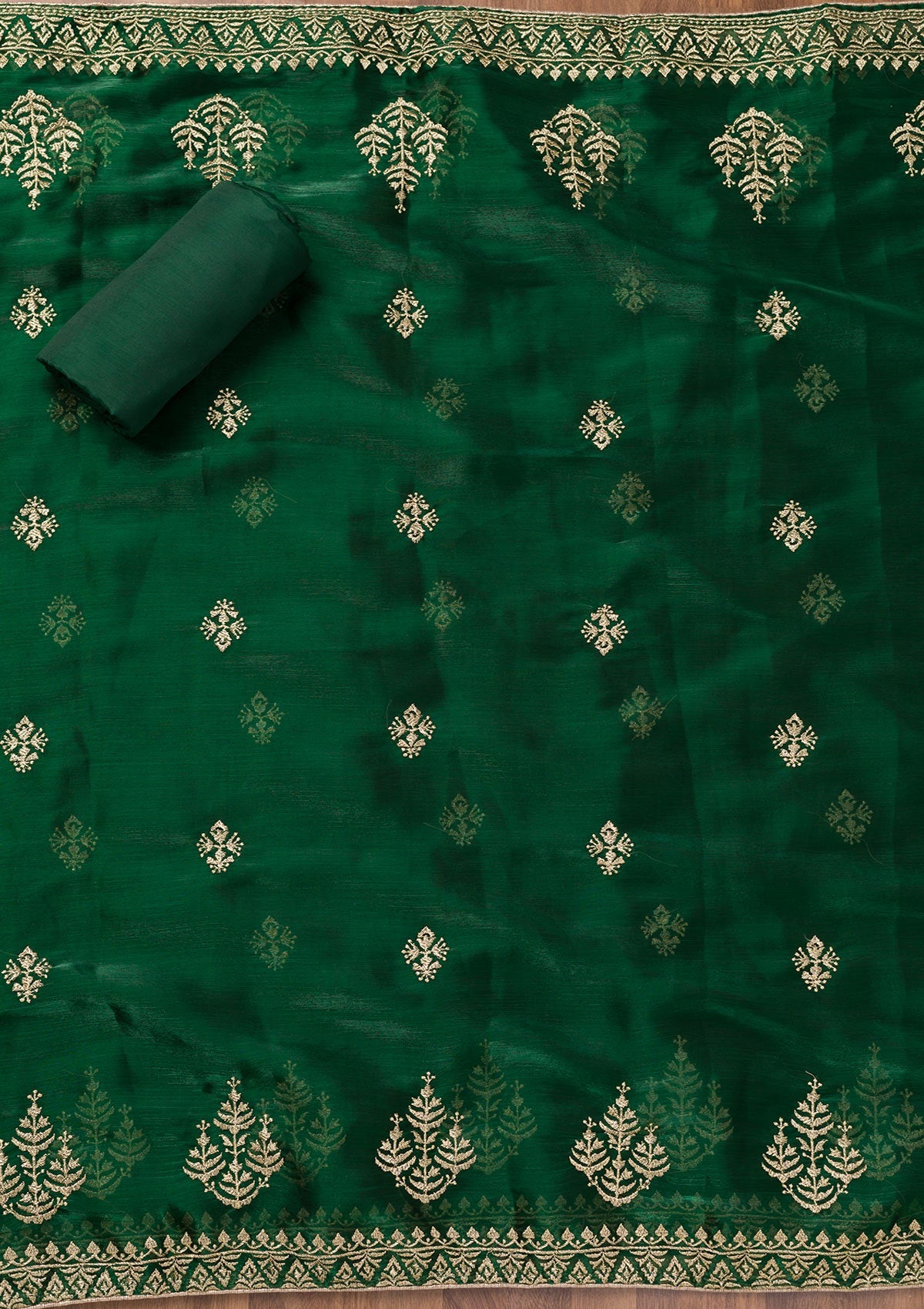Koskii Bottle Green Zariwork Semi Crepe Unstitched Salwar Suit - view 6