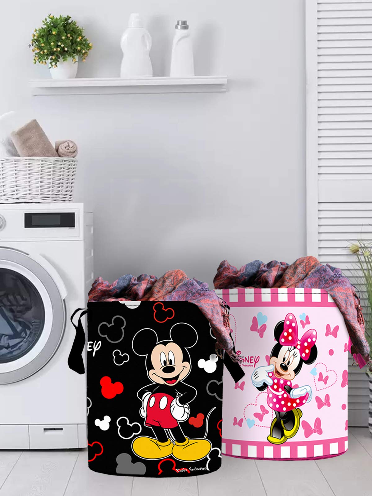 Kuber Industries Disney Print Round Non Woven Fabric Foldable Laundry Organiser with Handles,45 LTR (Set of 2, Black & Pink)-KUBMART11656, Standard - view 2