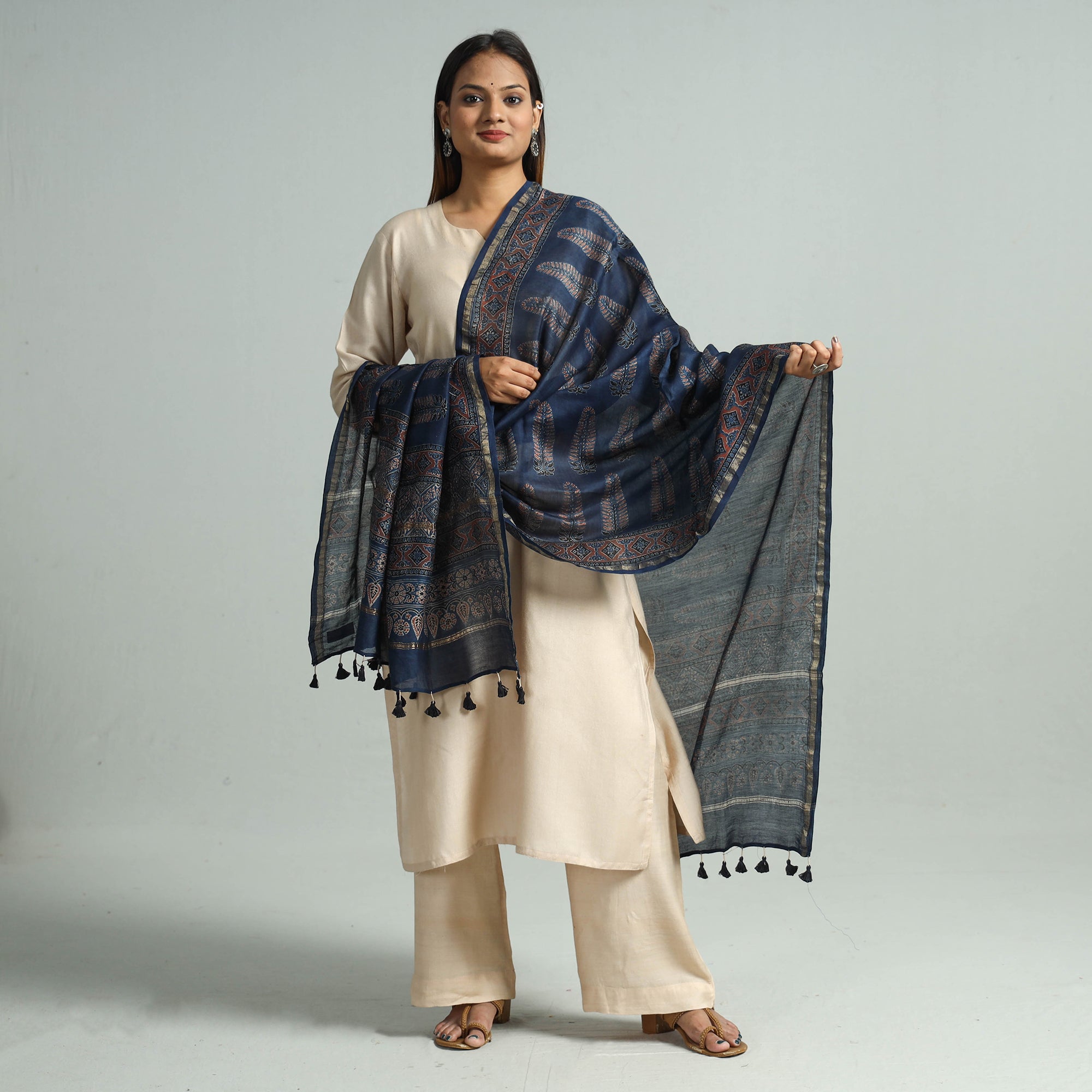KACHCHH JI CHHAAP Blue - Hand Block Print Chanderi Silk Ajrakh Dupatta 74 - view 2