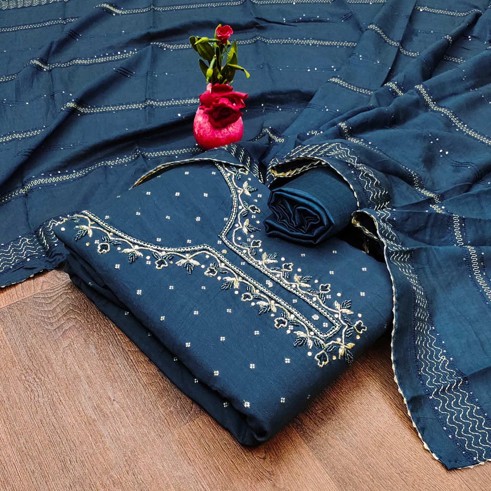 Peachmode Morpich Butti With Hand Embroidered Jacquard Dress Material