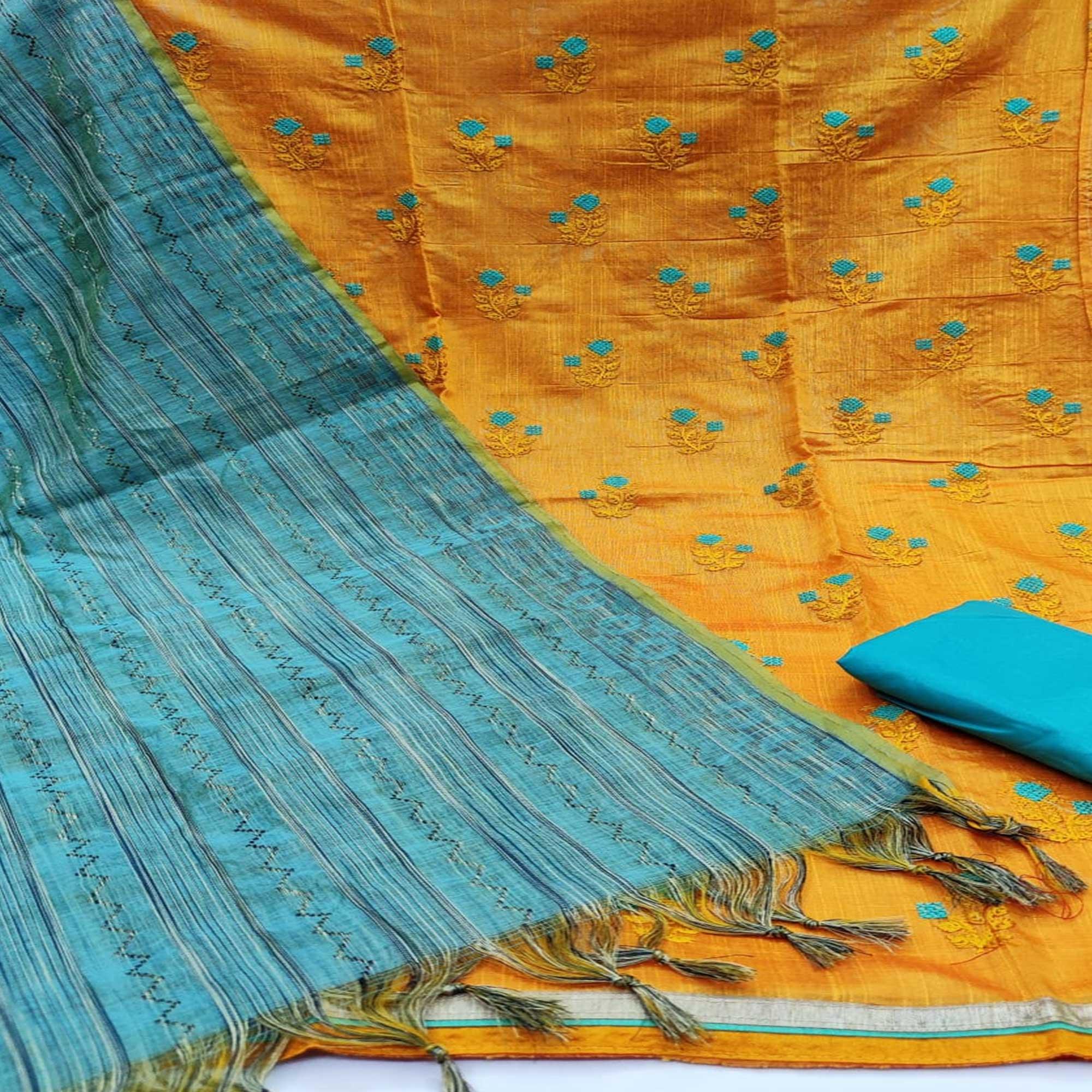 Peachmode Jazzy Mustard Yellow Colored Casual Wear Embroidered Banarasi Cotton Dress Material - view 3