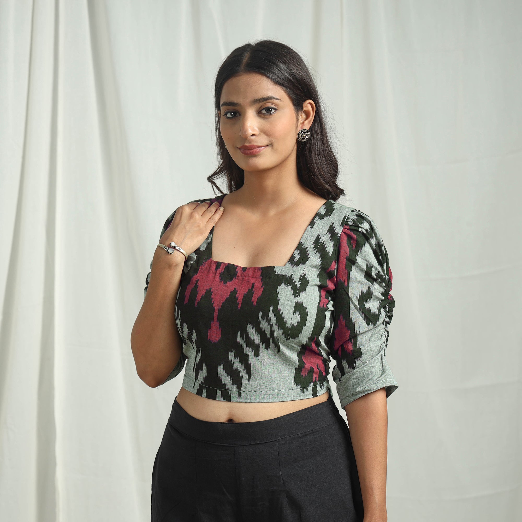 ITOKRI CASUALS Grey - Handloom Cotton Central Asian Pochampally Ikat Crop Top 07 - view 2