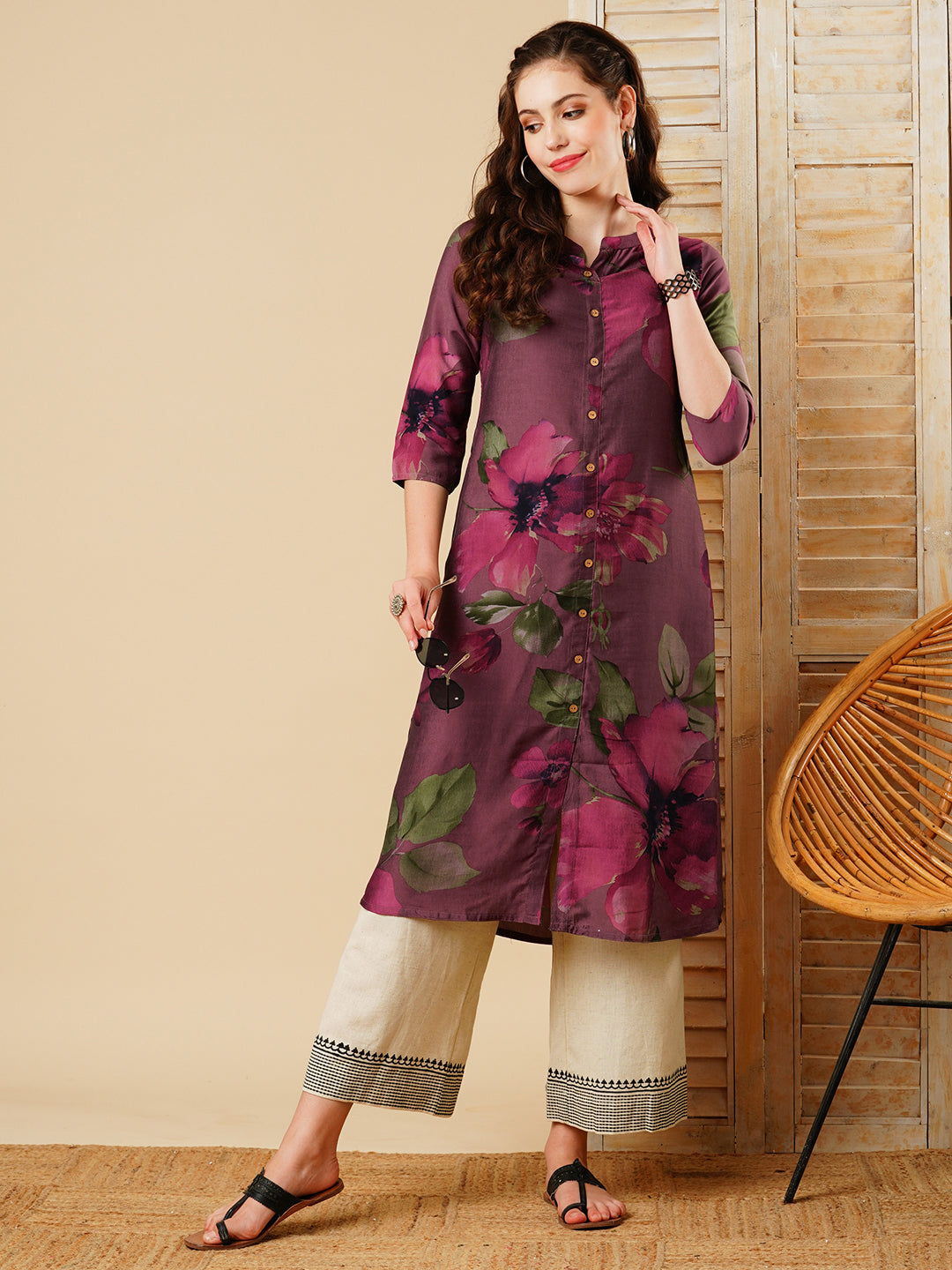 Fashor Floral Printed Wooden Buttoned A-line Kurta - Mauve