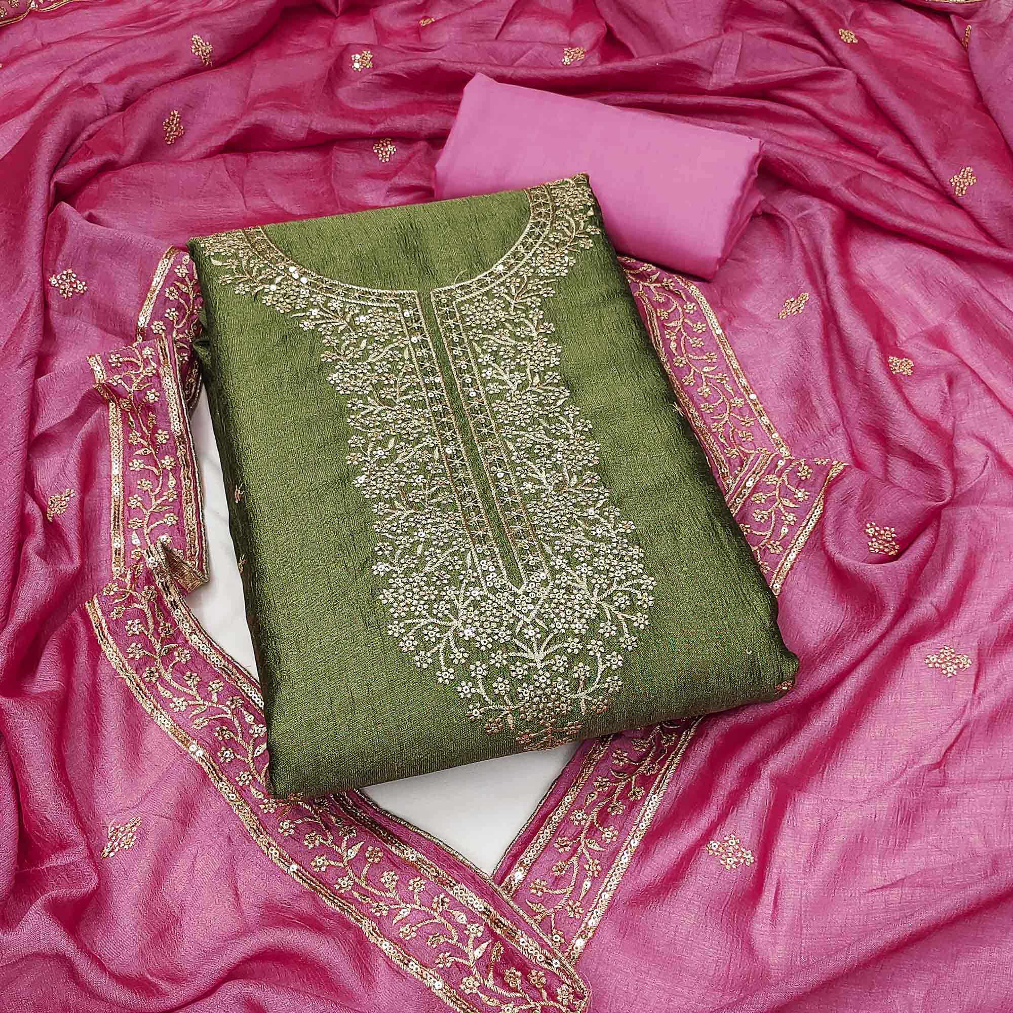 Green dress materials (unstitched) – BlackTree green-floral-sequins-embroidered-vichitra-silk-dress-material