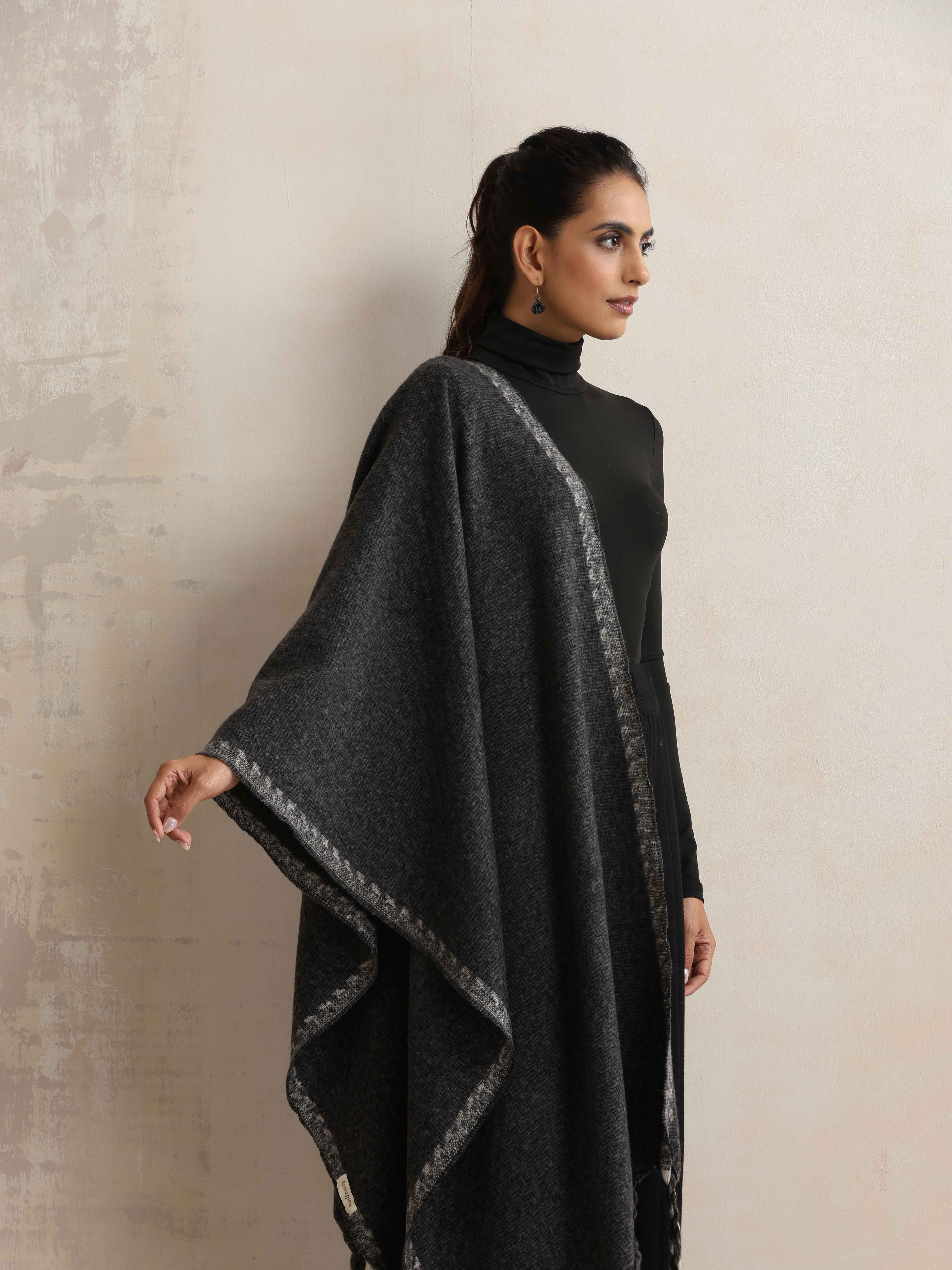 trueBrowns Black Tassel Woollen Stole - view 2