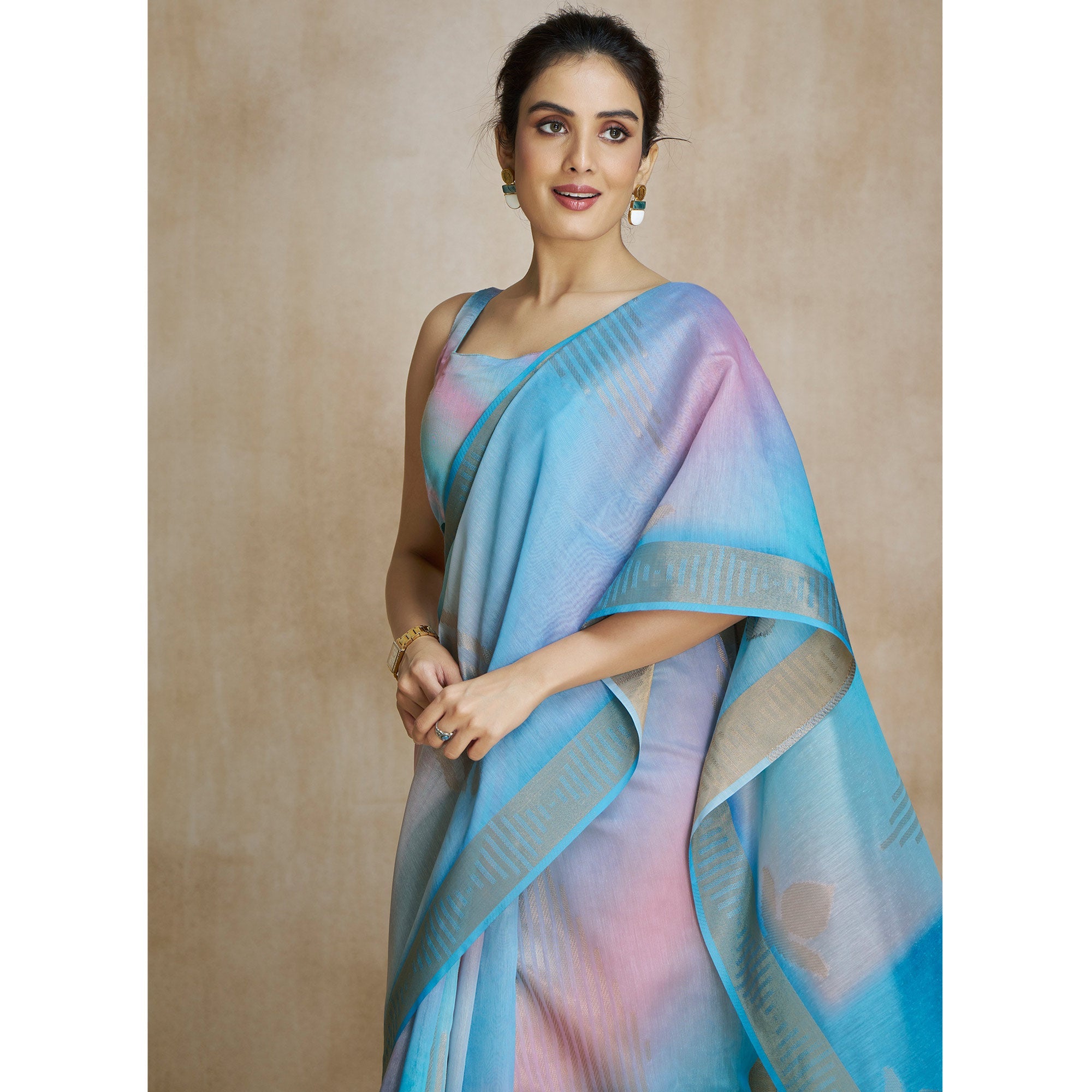Peachmode Blue Digital Printed With Woven Pure Silk Ombre Saree - view 5