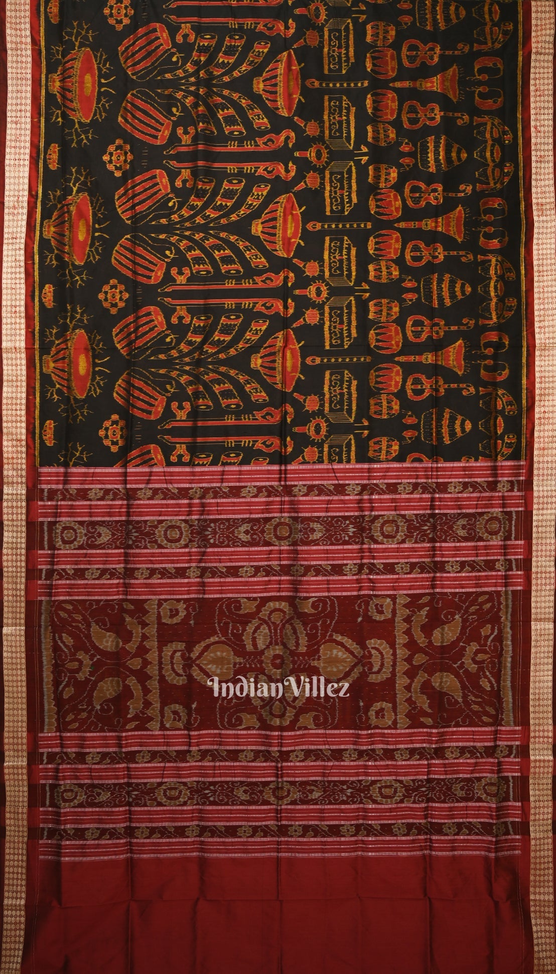 IndianVillèz Black Musical Instrument Design Sambalpuri Silk Saree