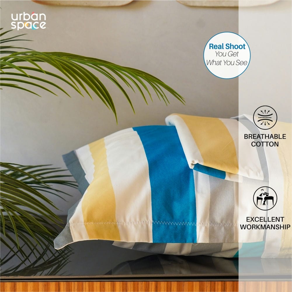 Urban Space -Home Furnishing Store Serene Collection - Breathable 200 TC 100% Pure Cotton Single Bedsheet with Pillow Cover, MultiColour Stripes - Blu - view 5
