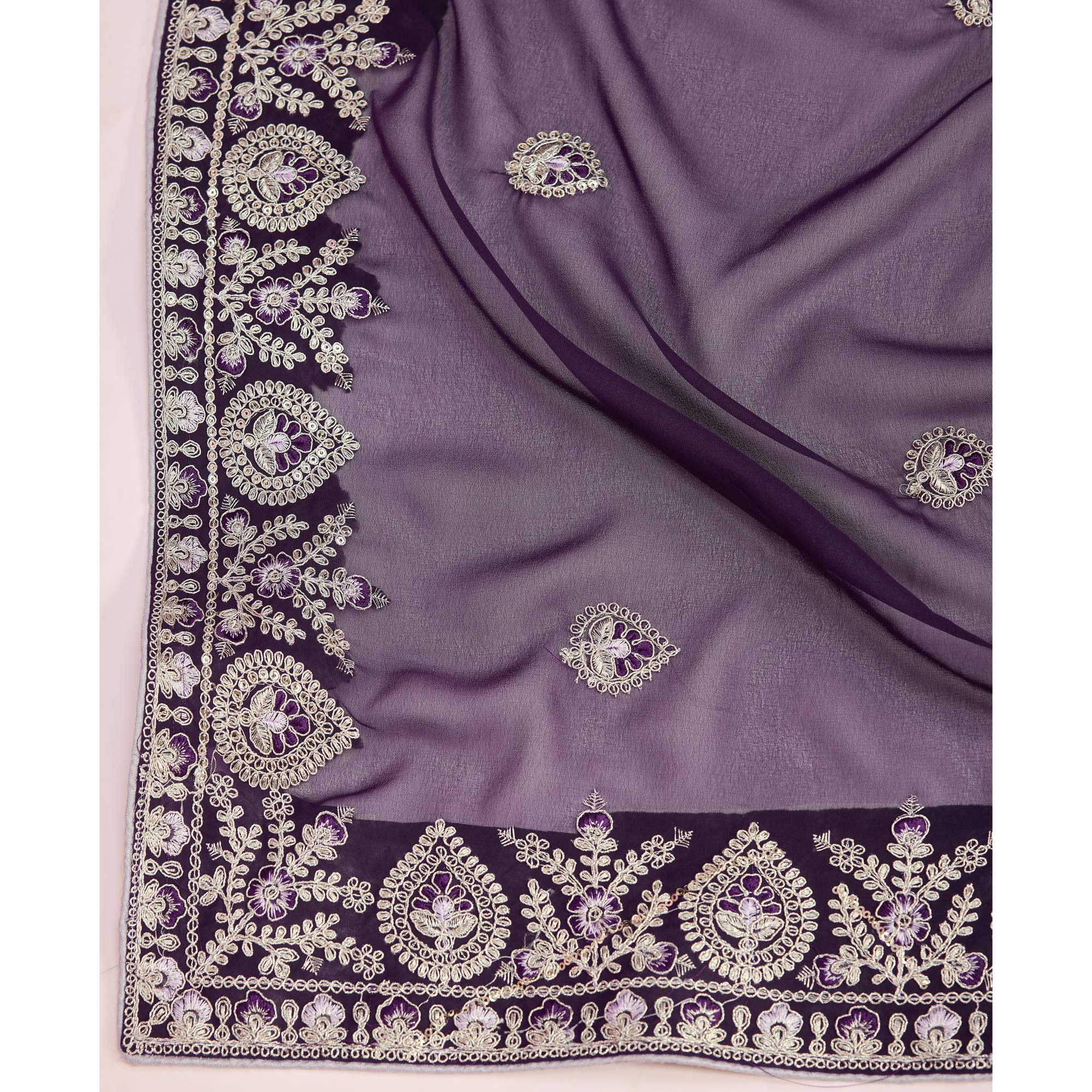 Peachmode Dark Purple Floral Sequins Embroidered Georgette Saree - view 8