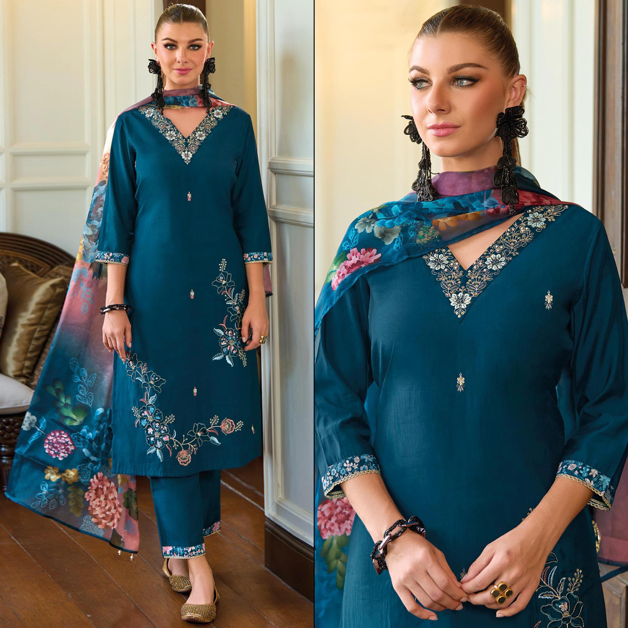 Peachmode Teal Floral Handwork Embroidered Viscose Salwar Suit