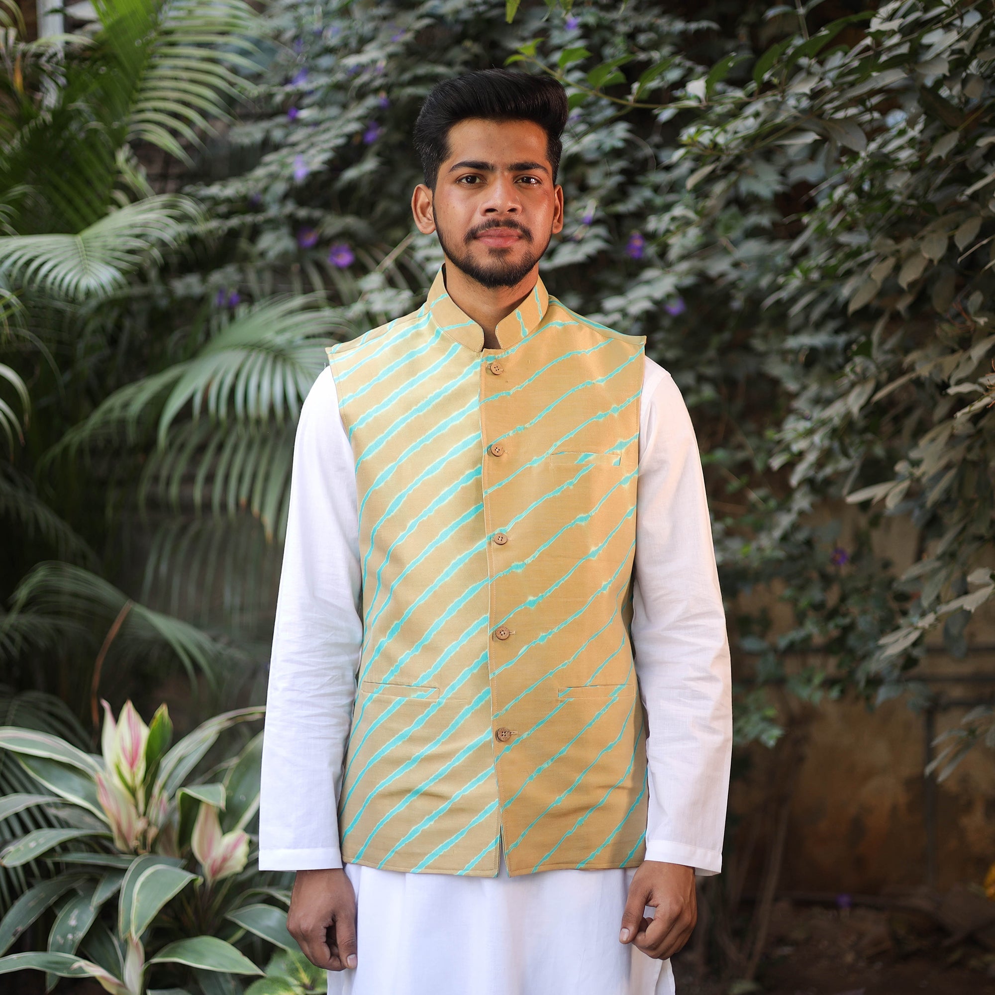 ITOKRI CASUALS Beige - Leheriya Tie & Dye Chanderi Silk Handloom Nehru Jacket 07 - view 2
