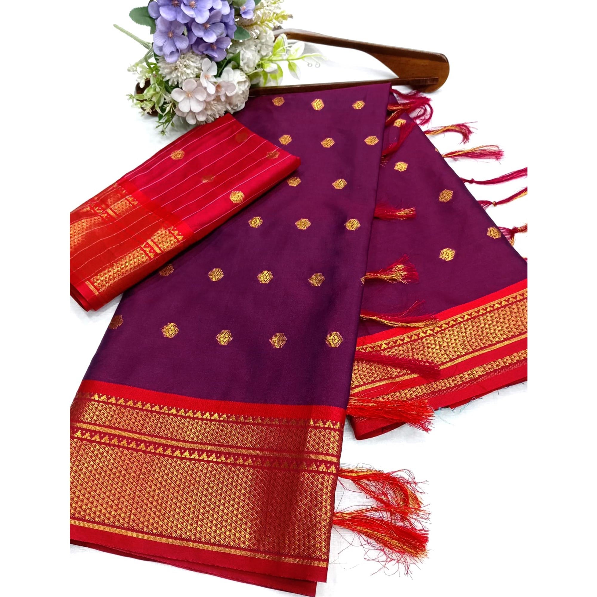Peachmode Purple Zari Woven Lichi Art Silk Saree With Tassels - view 6