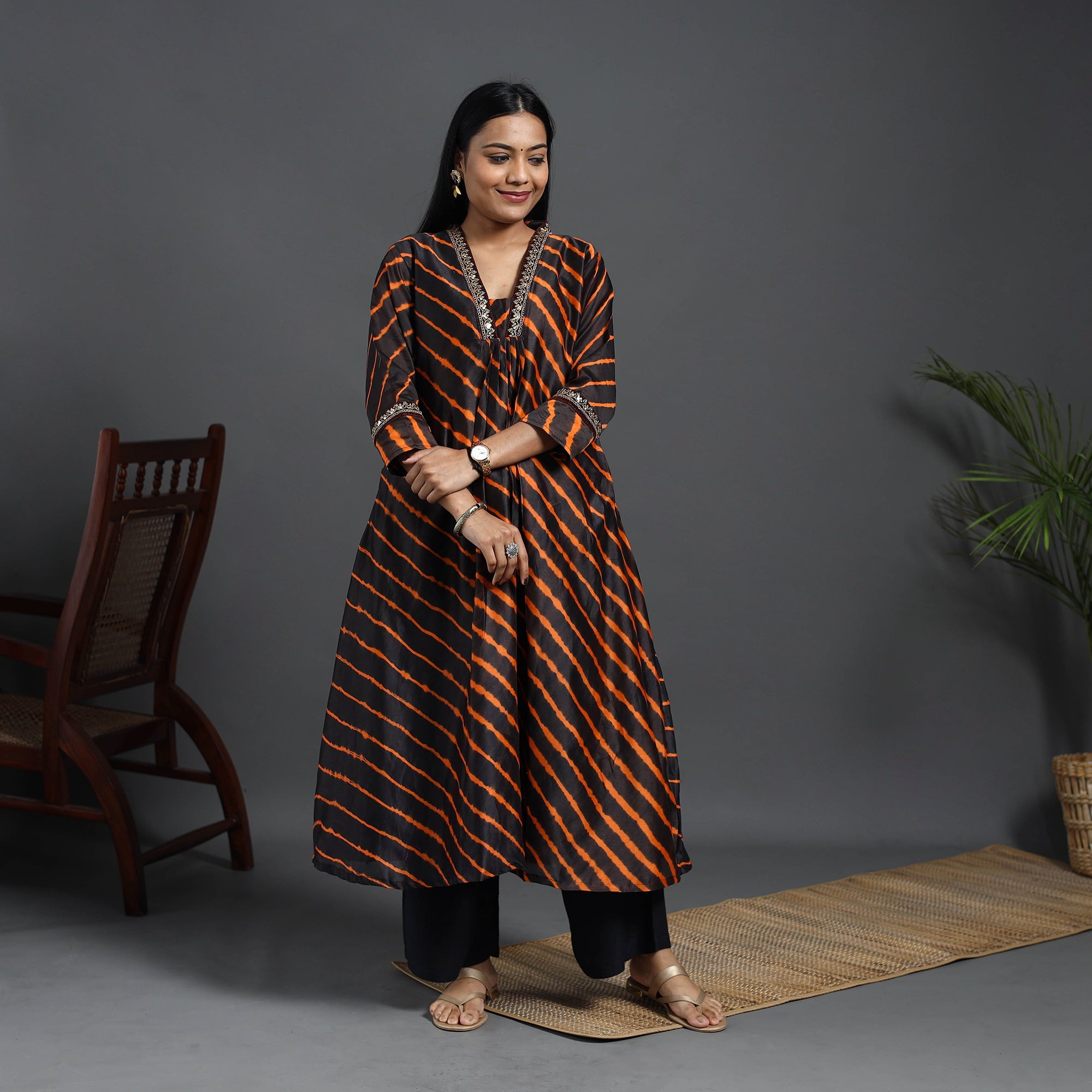ITOKRI CASUALS Black - Chanderi Silk A-Line Lacework Tie-Dye Leheriya Kurta 07