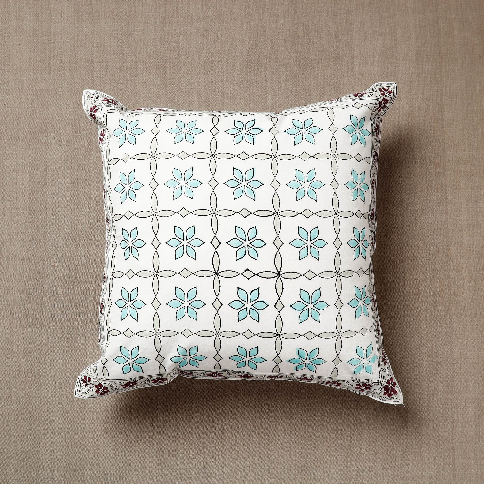 HAVELI CHRONICLES Blue - Flowers with Check Pattern Sanganeri Block Printed Cotton Cushion Cover (16 x 16 in)