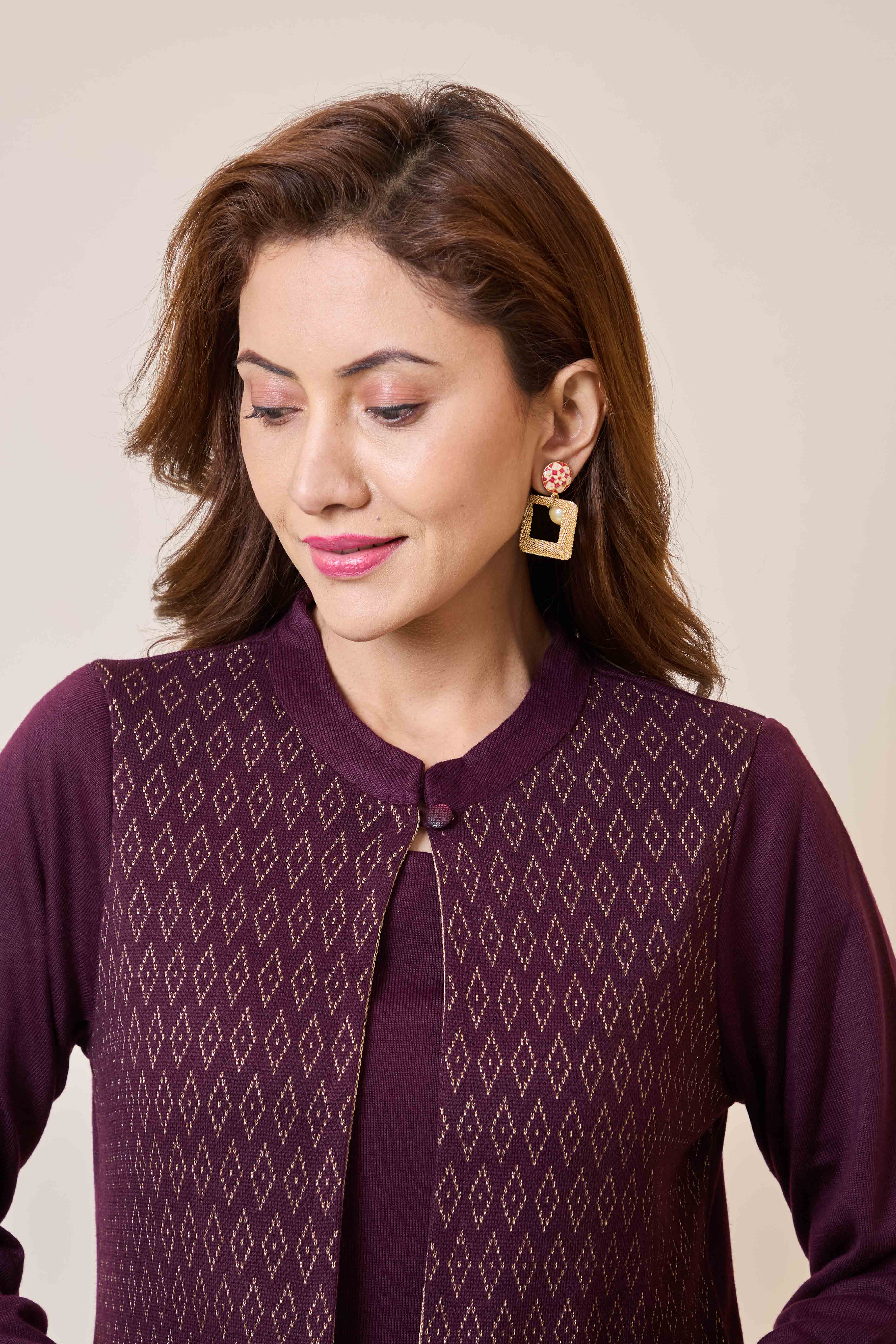 Peachmode Dark Mauve Floral Woolen Top Bottom Set - view 2