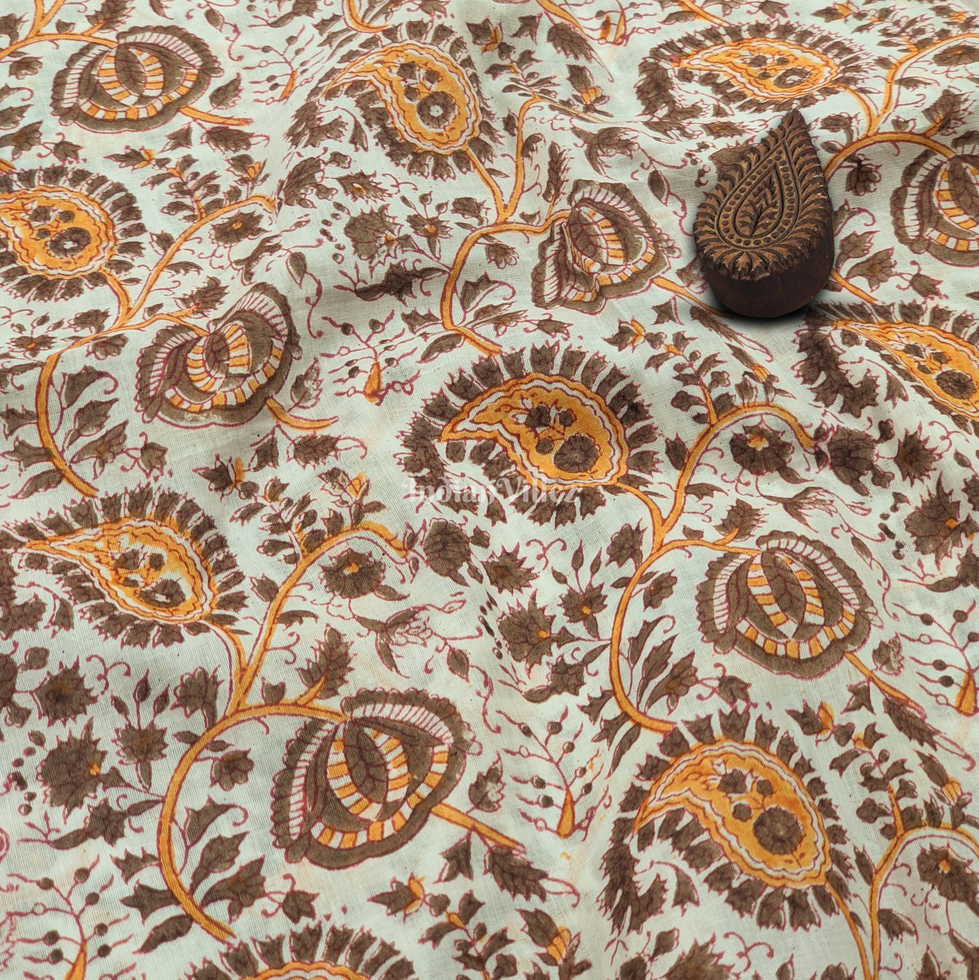 IndianVillèz Off White Multicolored Floral Hand Block Printed Cotton Fabric