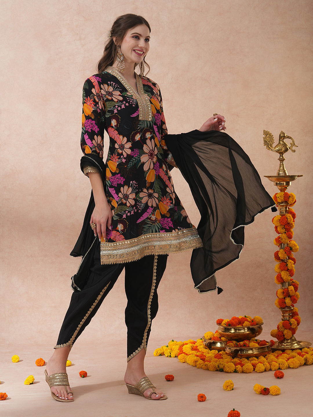 FASHOR Abstract Floral Printed & Hand Embroidered A-Line Kurta with Pant & Dupatta - Black