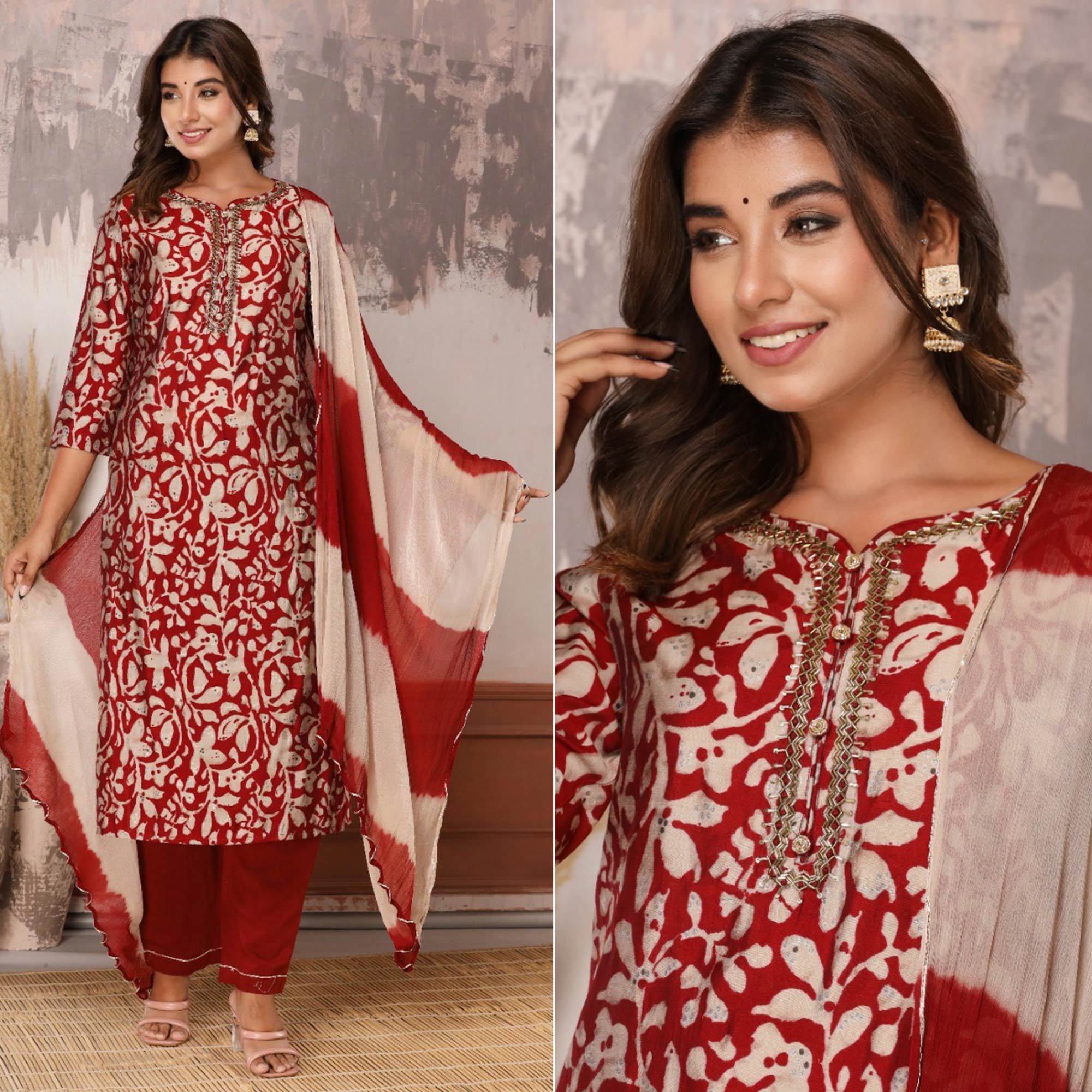Peachmode Dark Red Floral Printed Muslin Salwar Suit