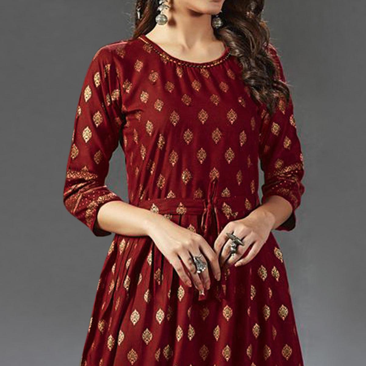 Peachmode Seller Lovely Red Colored Partywear Foil Printed Viscose Rayon Kurti - view 2