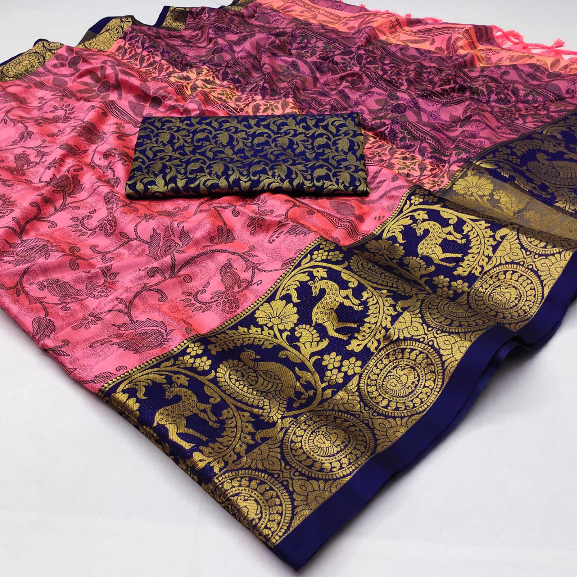 Peachmode Gajari Pink Printed With Woven Border Cotton Silk Saree