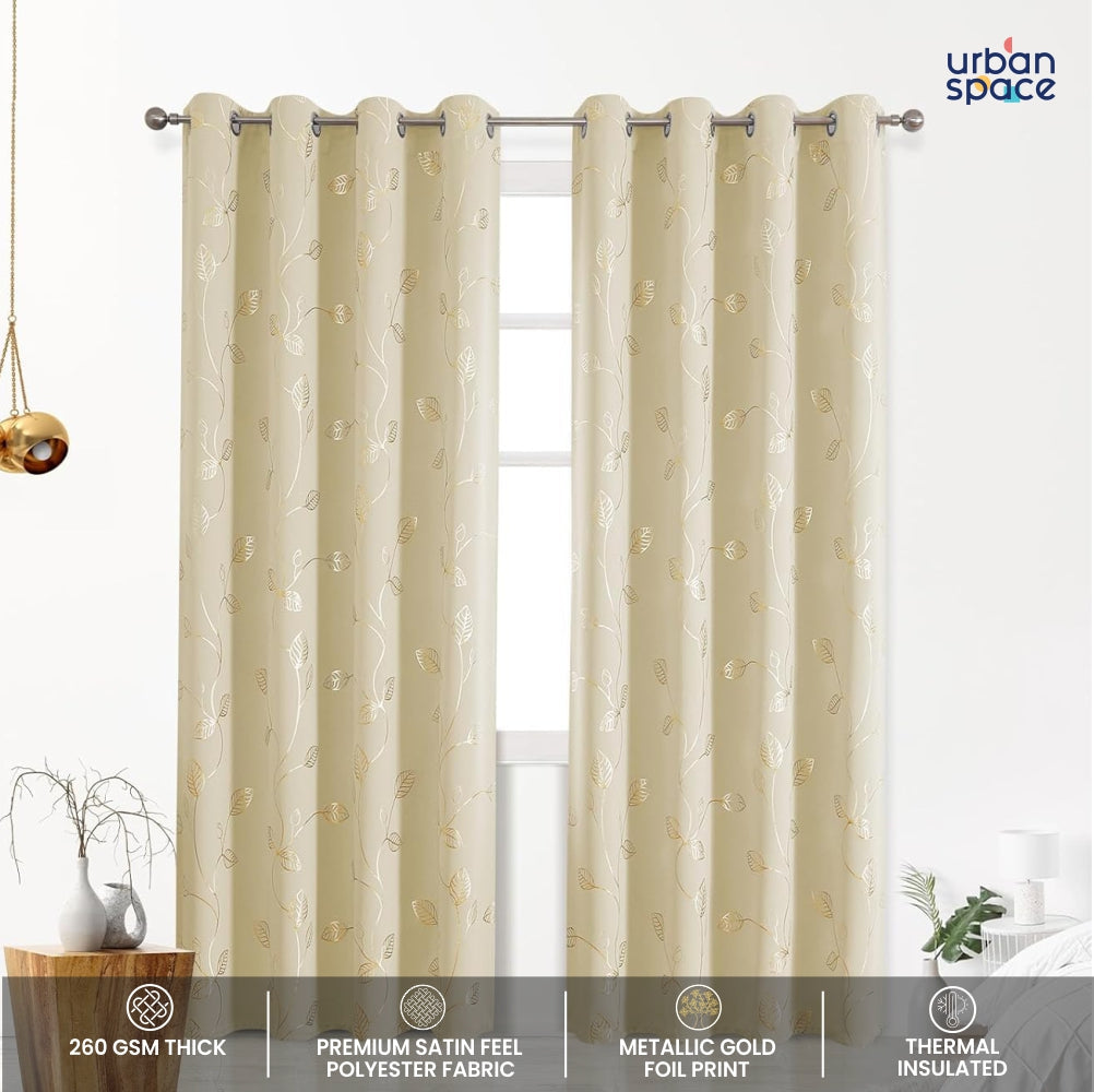 Urban Space -Home Furnishing Store Gold Foil Printed 80-85% Blackout Curtains - Pack of 1 - Leaf- Beige - view 4