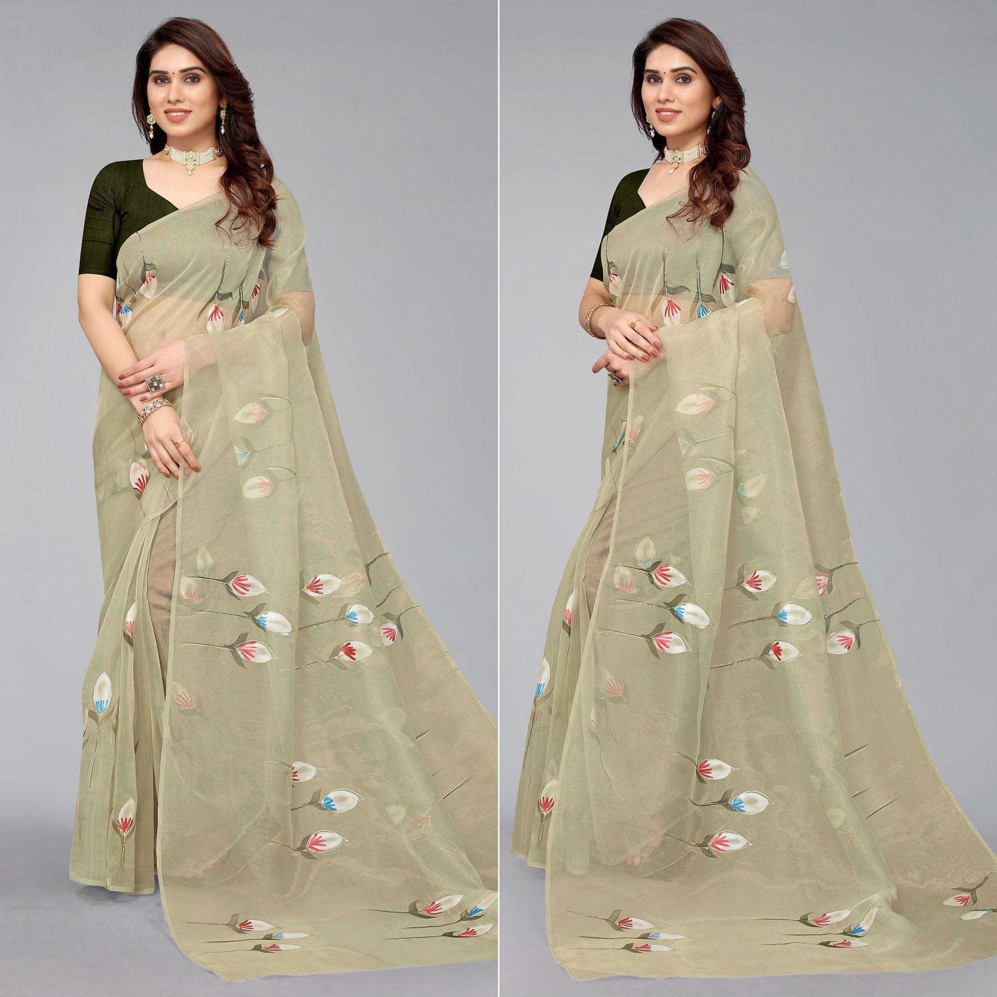 Peachmode Mehendi Green Hand Printed Organza Saree