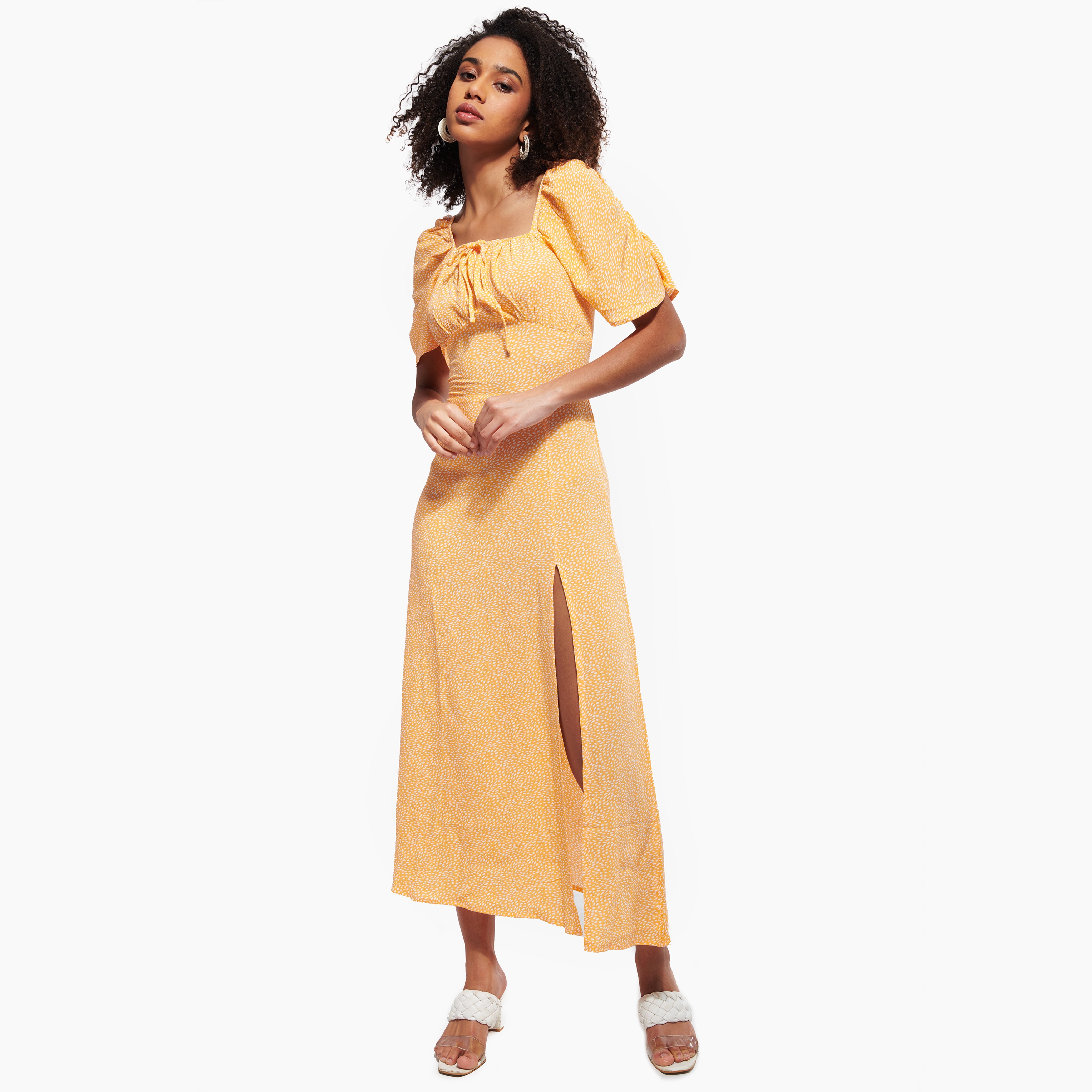 Cottage Core Orange High Side Slit Midi Summer Dress - view 2