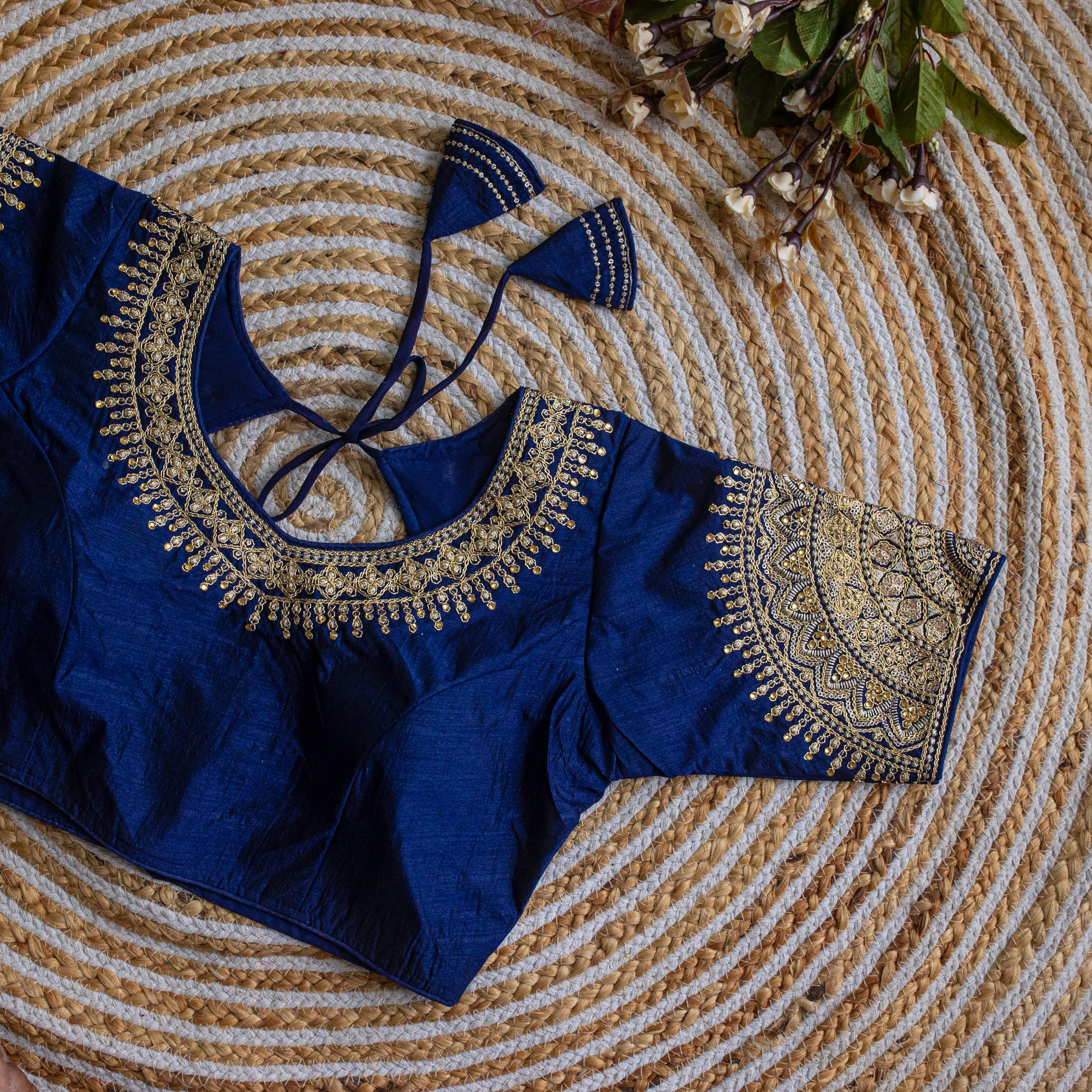 ClothsVilla Royal Blue Luxurious Lucknowi Silk Blouse with Golden Embroidery and Sequins