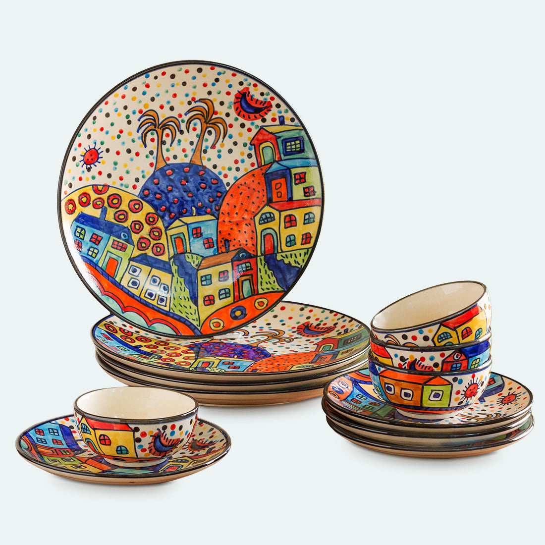 EXCLUSIVELANE 'Hut Dining' Handpainted Ceramic Dinner & Quarter Plates With Katoris (12 Pieces, Serving for 4) - view 2