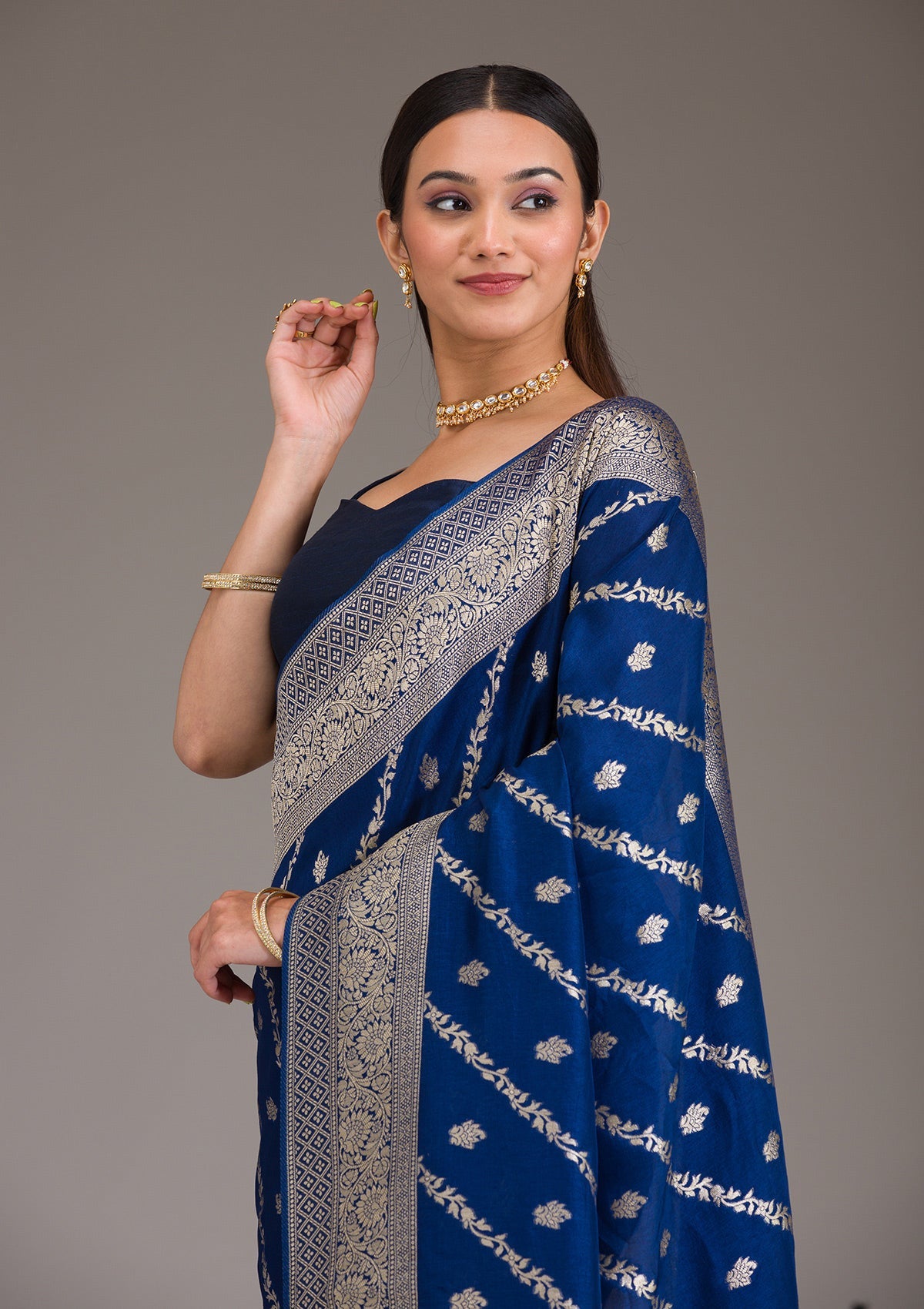 Koskii Navy Blue Zariwork Semi Crepe Saree – Women's - view 8