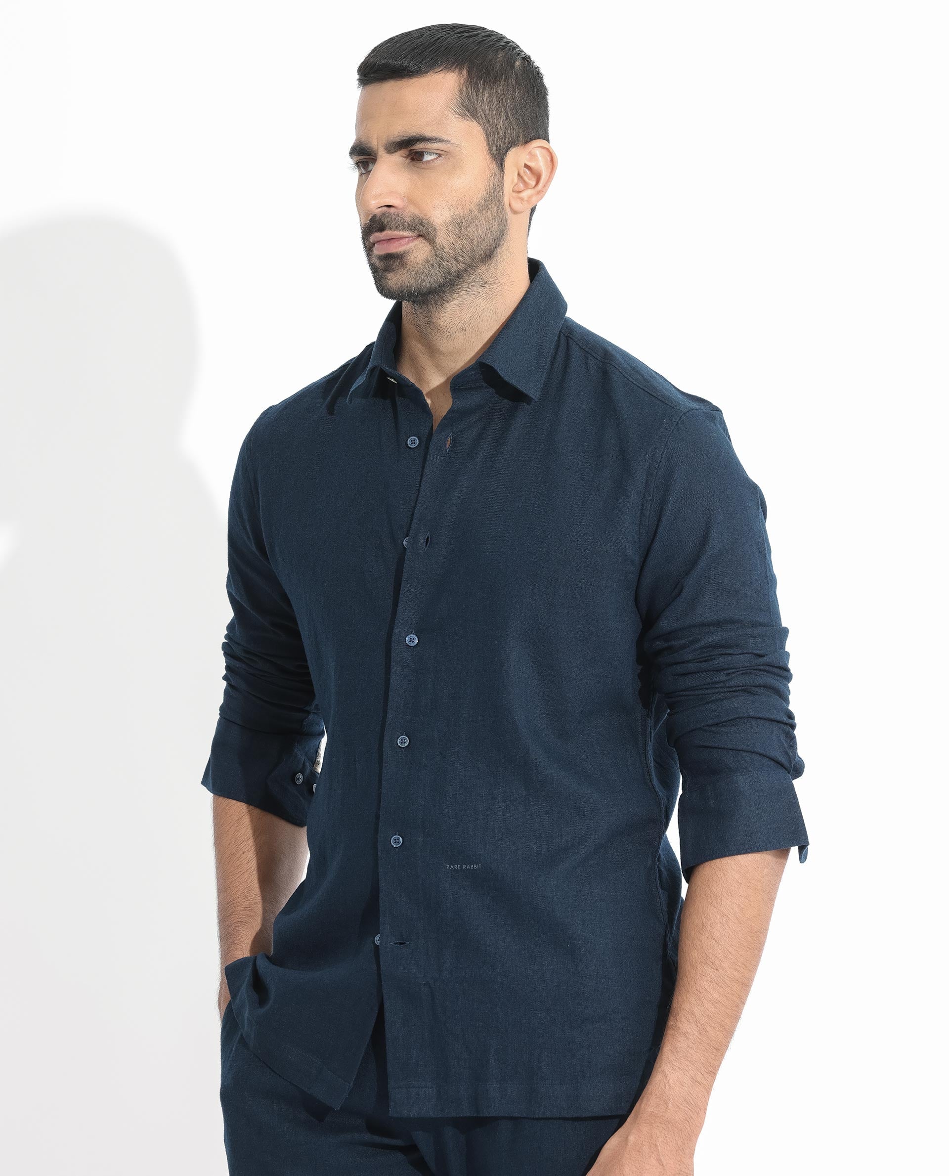 Rare Rabbit Men's Lunet Dark Navy Linen Full Sleeves Solid Shirt - view 7