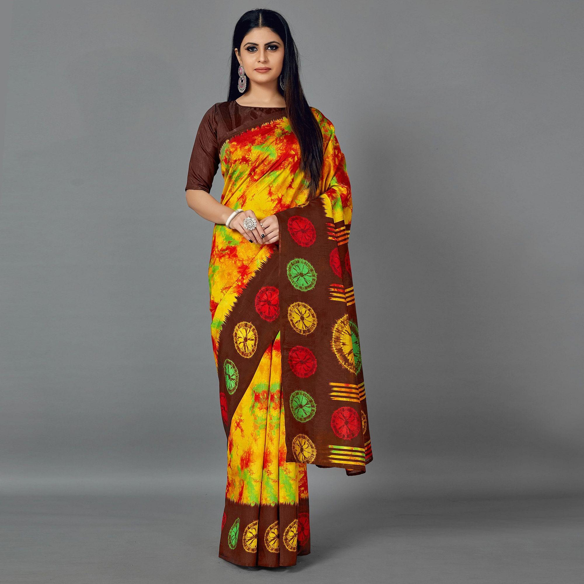 Peachmode Multi Casual Art Silk Printed Saree With Unstitched Blouse