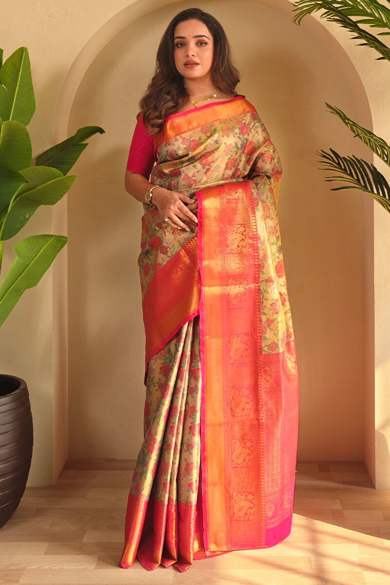 Tasrika Enthralling Beige and Pink Kanjivaram Silk Saree With Susurrous Blouse Piece