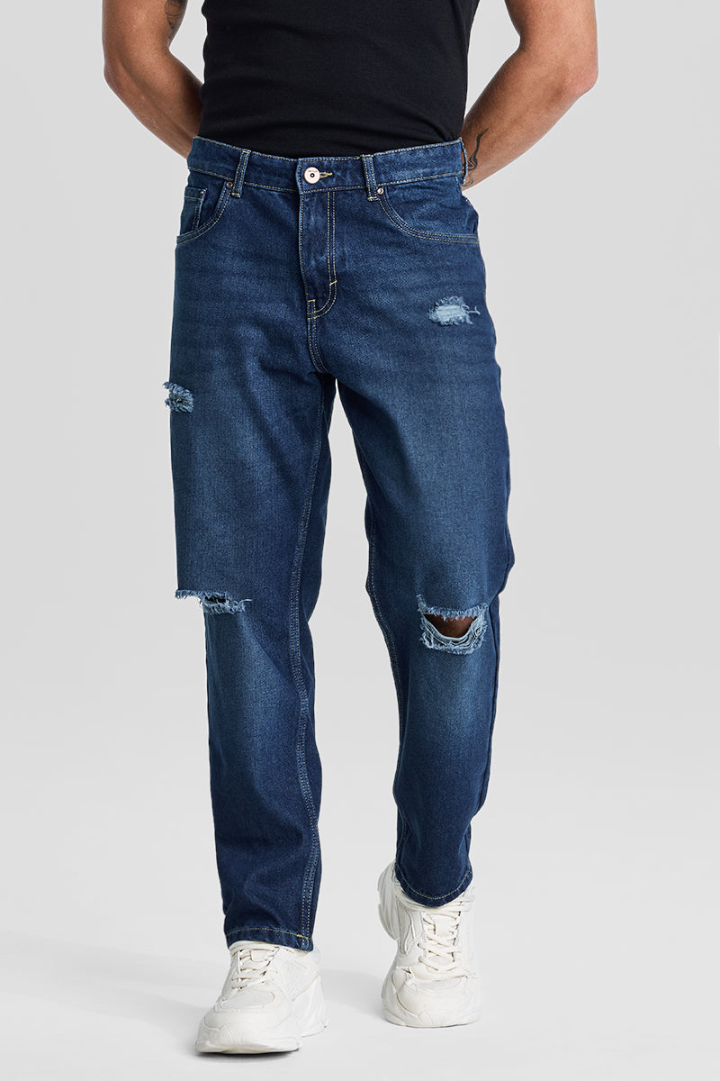 SNITCH Navy Distressed Baggy Fit Jeans - view 6
