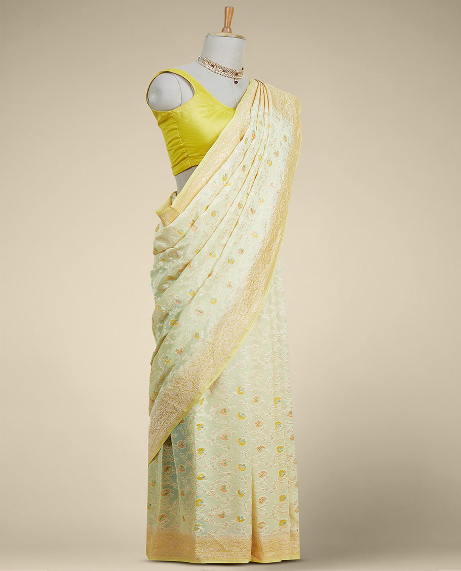 Pothys Yellow floral vine design banaras georgette saree with contrast inticate zari border - view 2