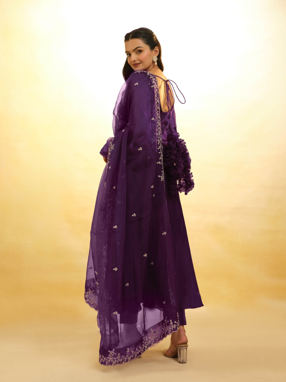 ClothsVilla Purple Organza Dress with Intricate Embroidery – Ready to Wear - view 6